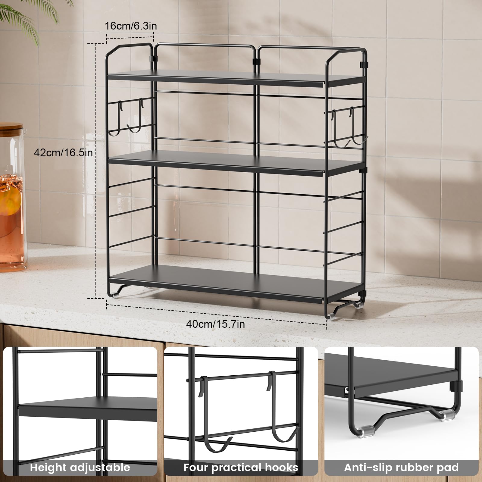 AHOMSEL Porta spezie in metallo a 3 ripiani, ripiani da cucina regolabili in altezza, porta spezie verticale, portaoggetti da banco per cucina, bagno e camera da letto, nero