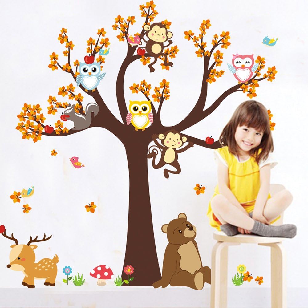 ufengke Cartoon Forest Animal Owl Monkey Bear Tree Wall Decals,Children's Room Nursery Removable Wall Stickers Murals