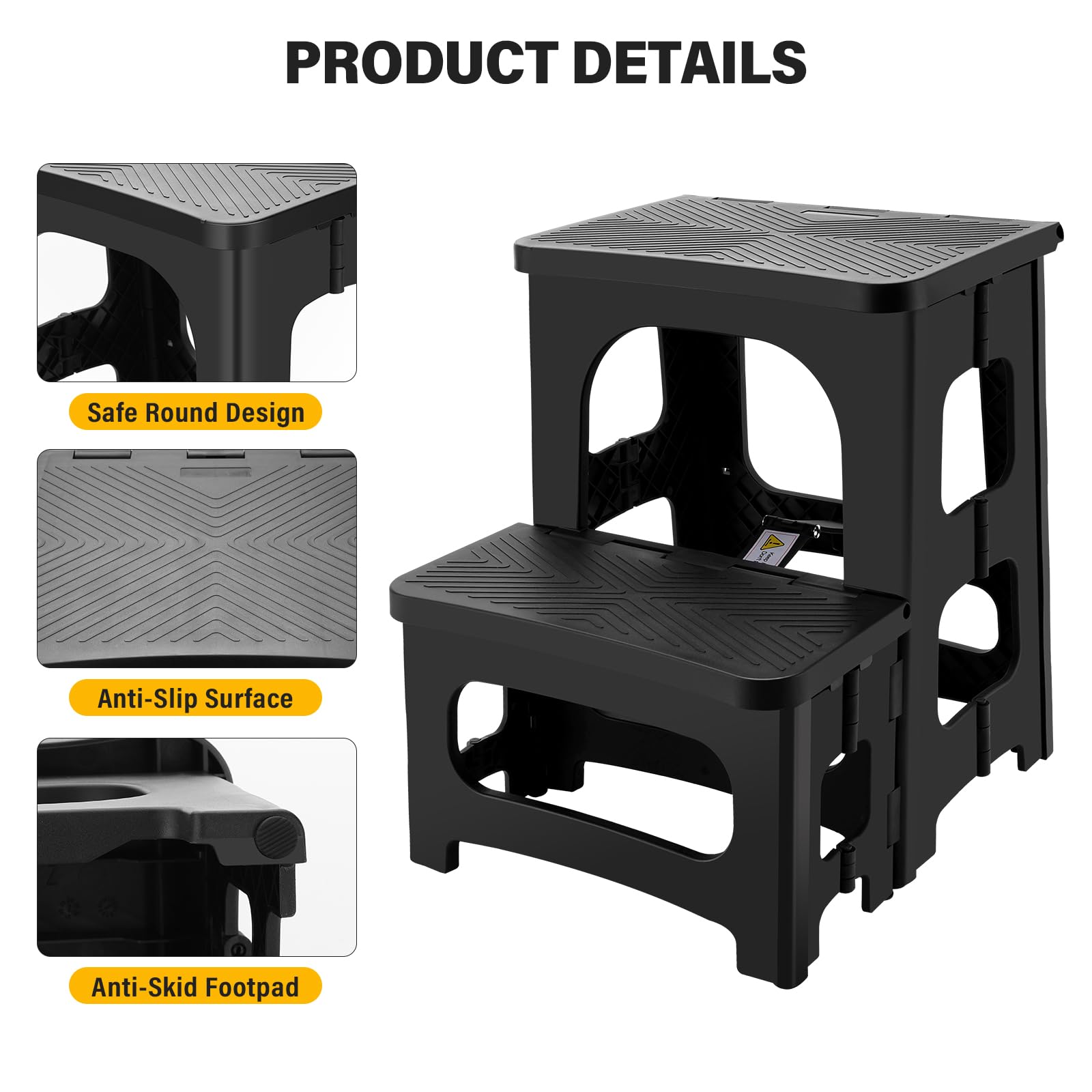 Taburete plegable de 2 escalones para adultos, taburete plegable antideslizante para niños pequeños, taburete portátil para mesita de noche, soporta hasta 330 libras, escalera ligera y plegable para