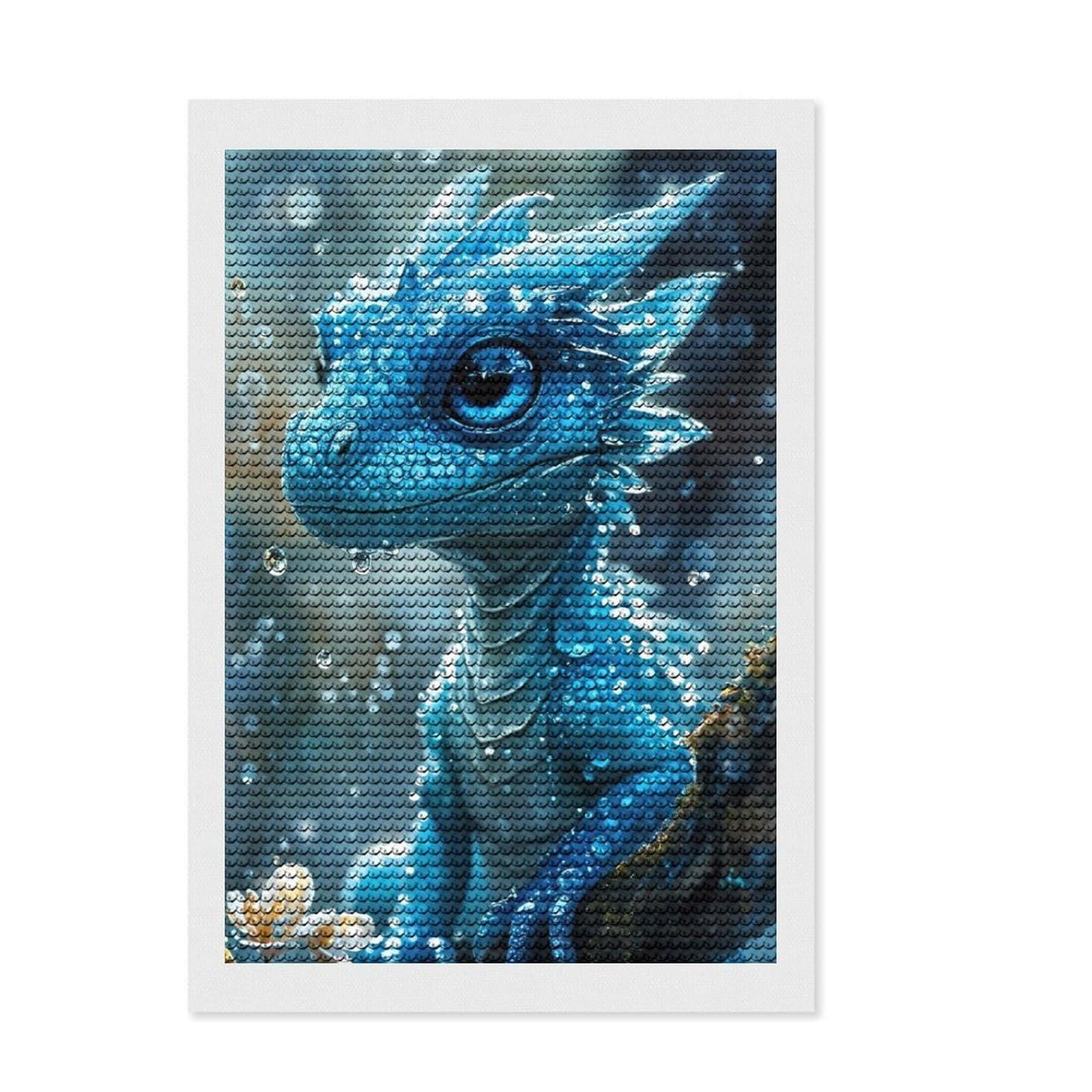 Junmoney Ice Blue Baby Dragon 5D Diamond Painting Kit 8"x12", Round Gems, Festive Craft Gift, Fun Craft Activity, Modern Decor, for Adults