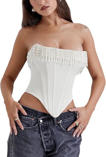Womens Sexy Pearls Corset Top Strapless Zip Back Boned Y2k Bodyshaper Bustier Top