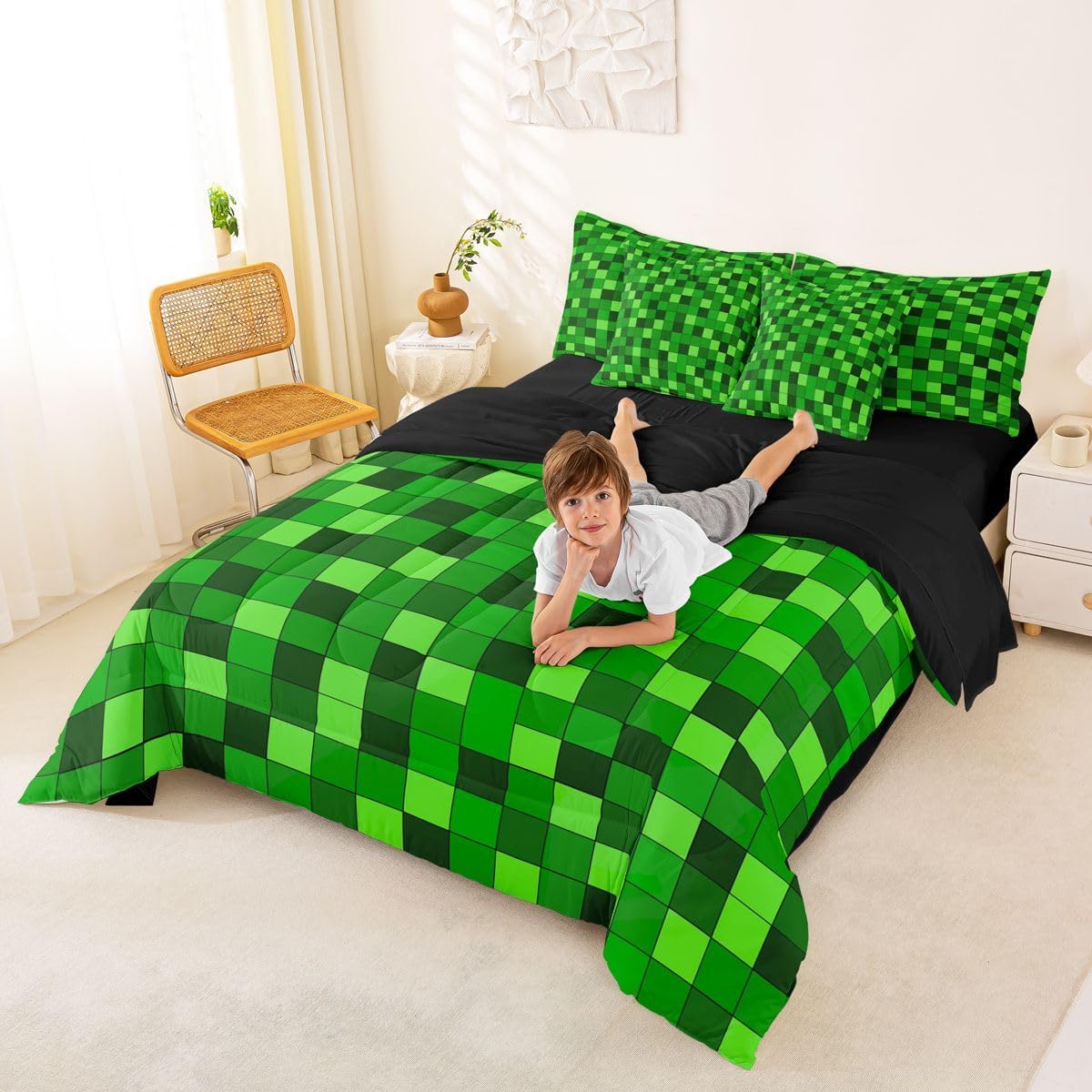 Castle Fairy Neon Green Block 7 Piece Comforter Sets Full Size for Kid Boys Teens,Pixelated Grid Patchwork Bed in A Bag with Sheets Miners Video Games Bedding Set Modern Bedroom Decor image 2