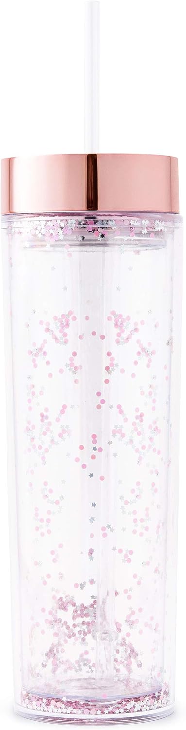 WEDDINGSTAR Reusable Water Bottle 16 Ounce – Customizable Eco-Friendly Plastic – 100% BPA-Free Personalized Transparent Party Cup with Straw – Rose Gold Sparkle – Blank