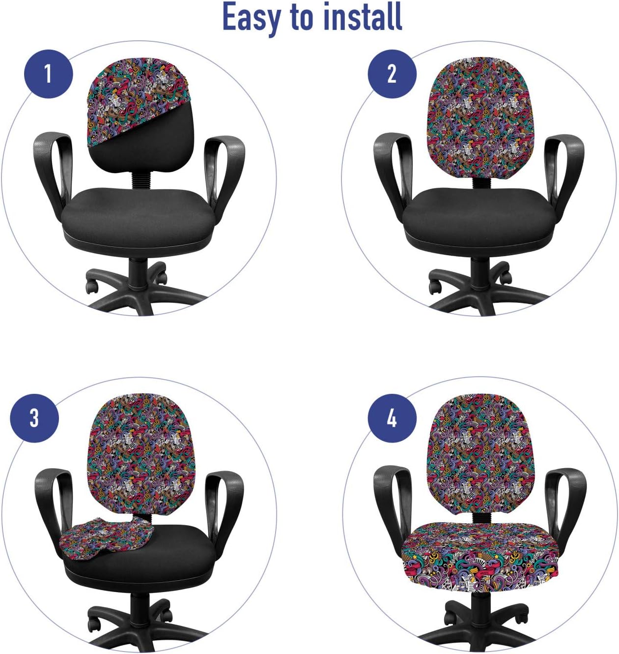 Ambesonne Hipster Office Chair Slipcover, Music Themed Hand Drawn Abstract Instruments Microphone Drums Keyboard Stradivarius, Protective Stretch Decorative Fabric Cover, Multicolor