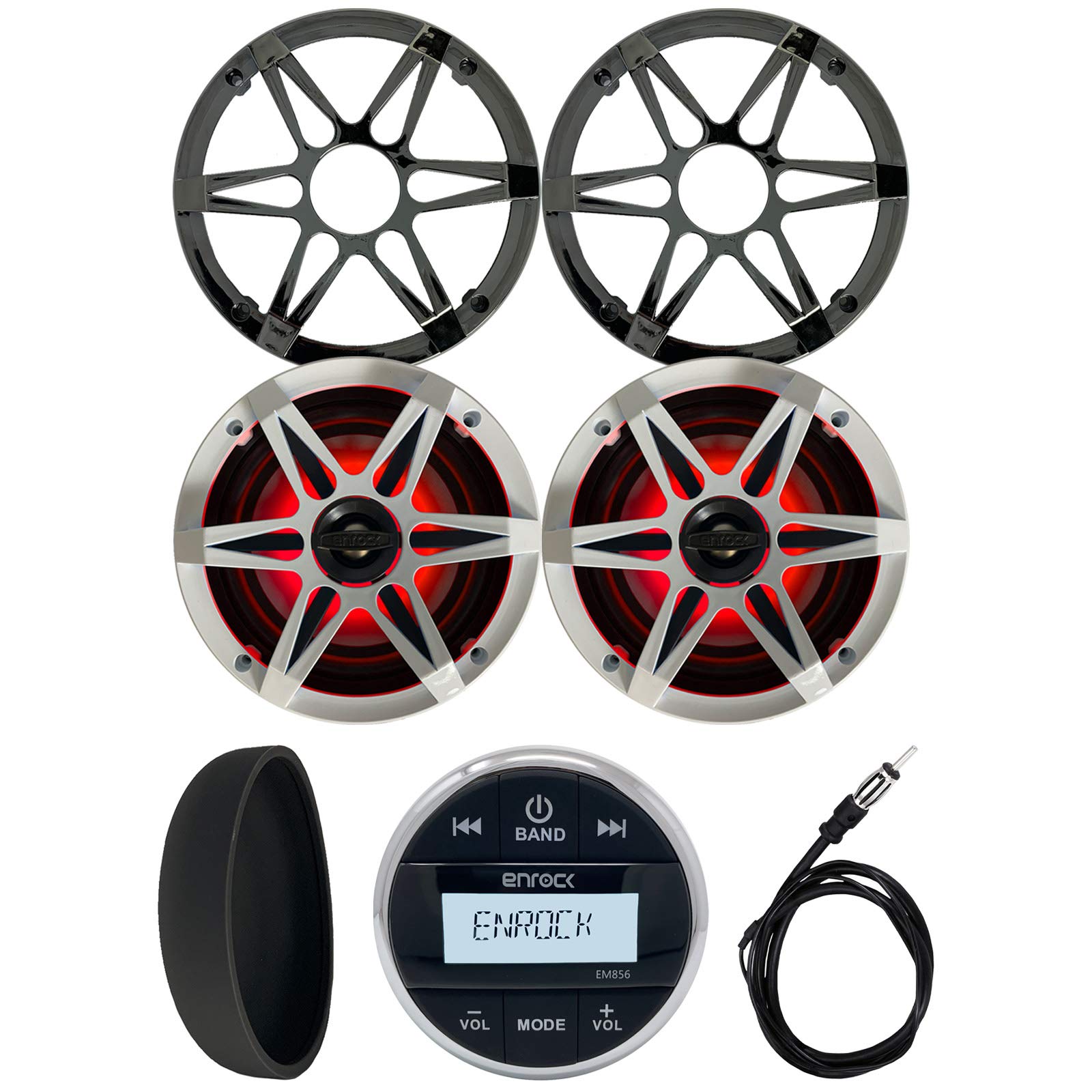 Enrock Marine Gauge Style Media Center Bluetooth USB AUX Receiver Bundle Combo with 2x 6.5" 120W Waterproof 2-Way MultiColor LED Speakers with Chrome/White Grilles, Radio Cover, Wired AM/FM Antenna