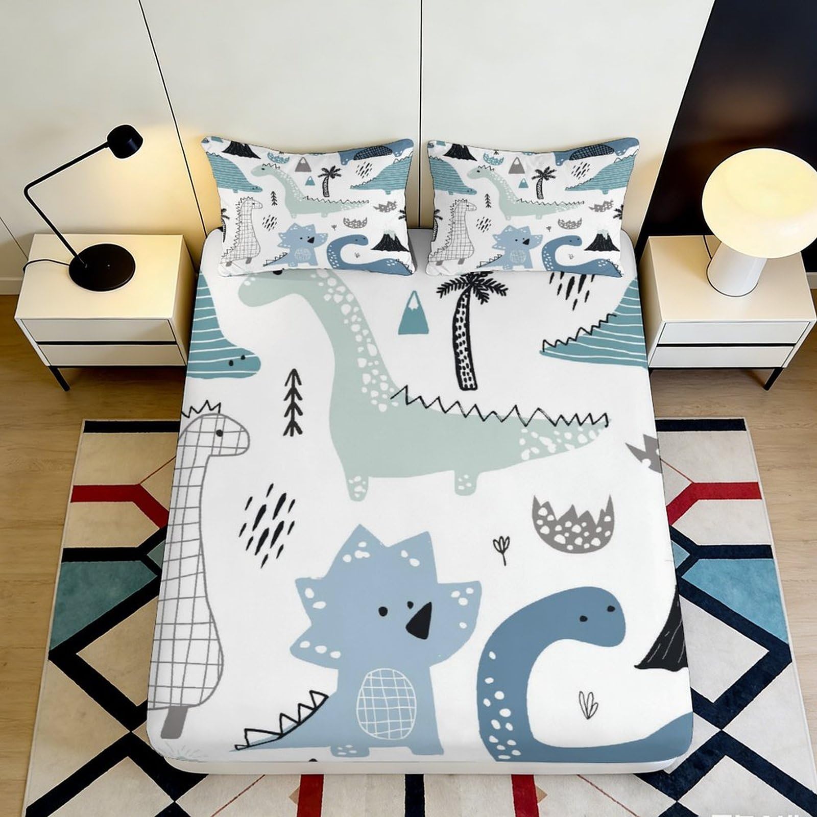 3D Printed Cute Dinosaur Fitted Sheet Microfiber Soft Breathable Cartoon Jurassic Bed Cover for Bedroom Guest Room Decor 90x200x25cm