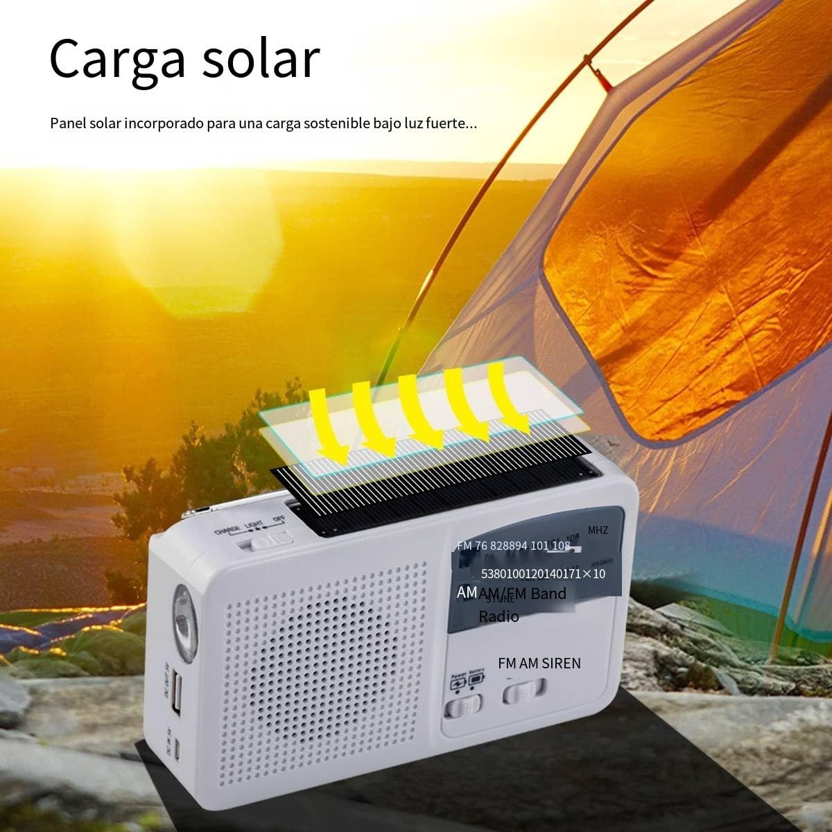Radio a energia solare a manovella con torcia LED e ricarica cellulare, bianco