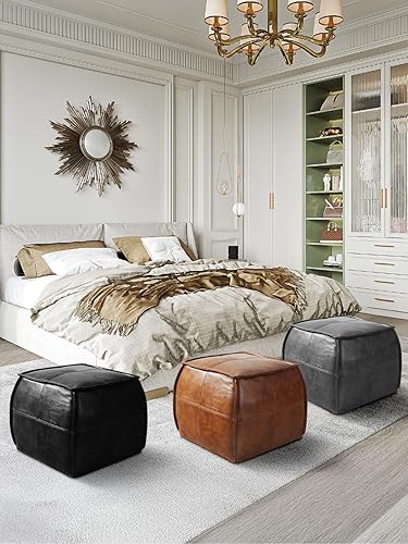 Miniatura 8 de Puf cuadrado de cuero genuino otomano reposapiés para sala de estar, dormitorio, interior (marrón) Marrón,Negro -,https://www.amazon.com/dp/undefined