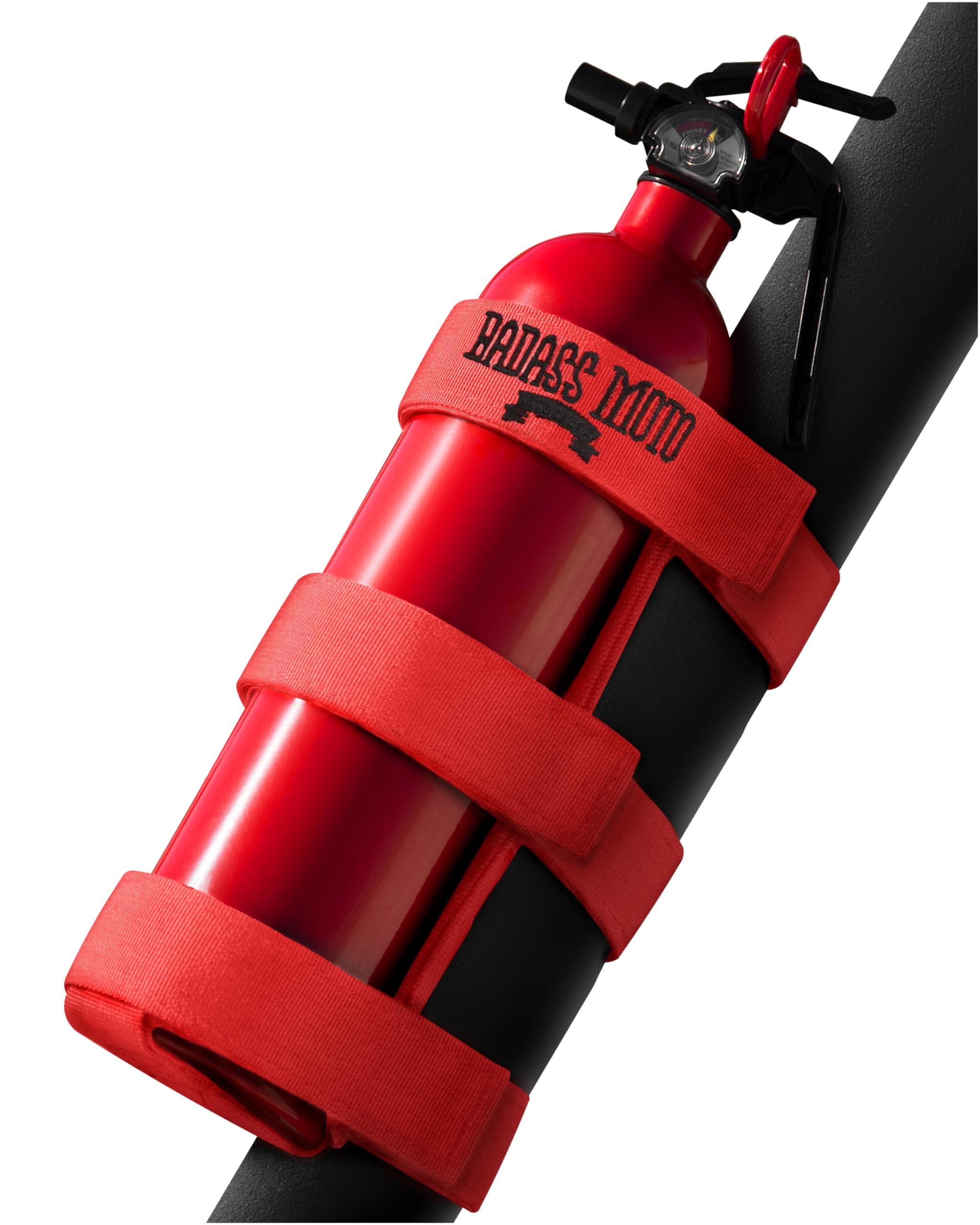 Badass Moto for Jeep Wrangler Fire Extinguisher Holder, Roll Bar Mount, Red Accessories for Jeep fire extinguisher holder for Wrangler JL, JK, JKU, TJ, CJ, Fits Gladiator, Bronco cage. Red strap mount