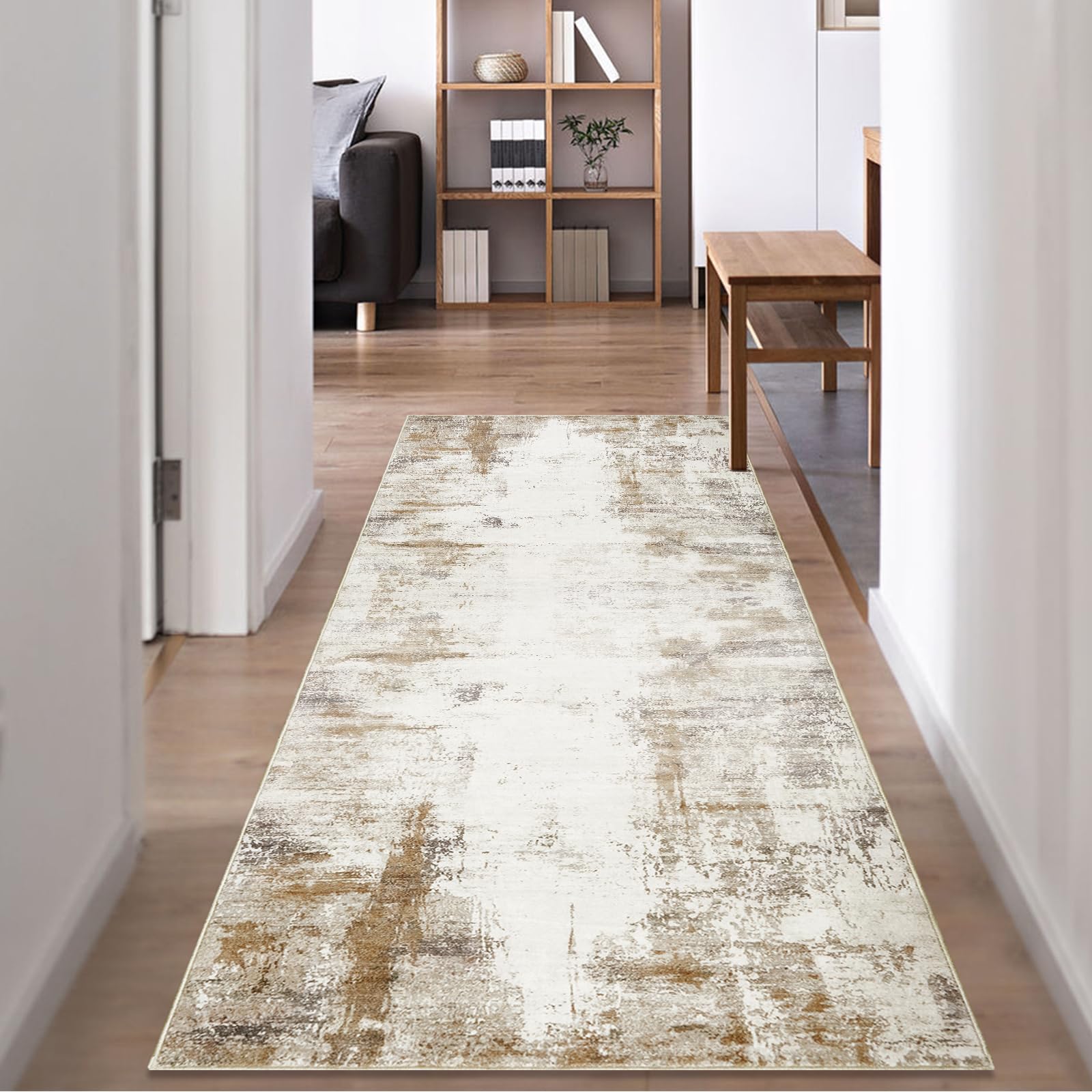 Famibay Tapijtloper voor hal, 80 x 200 cm, beige, bruin, antislip, voor keuken, bijkeuken, loper, wasbaar, modern, zacht