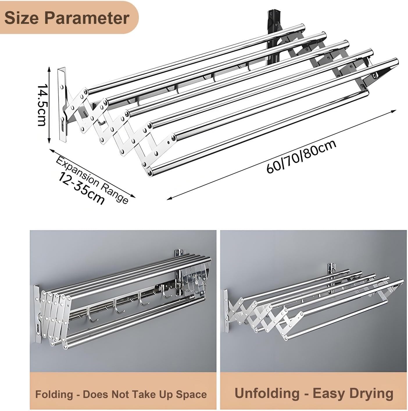 Durable Stainless Steel Wall Mounted Drying Rack 70cm Retractable and Foldable Clothes Dryer for Indoor/Outdoor Use Strong Silver Laundry Solution