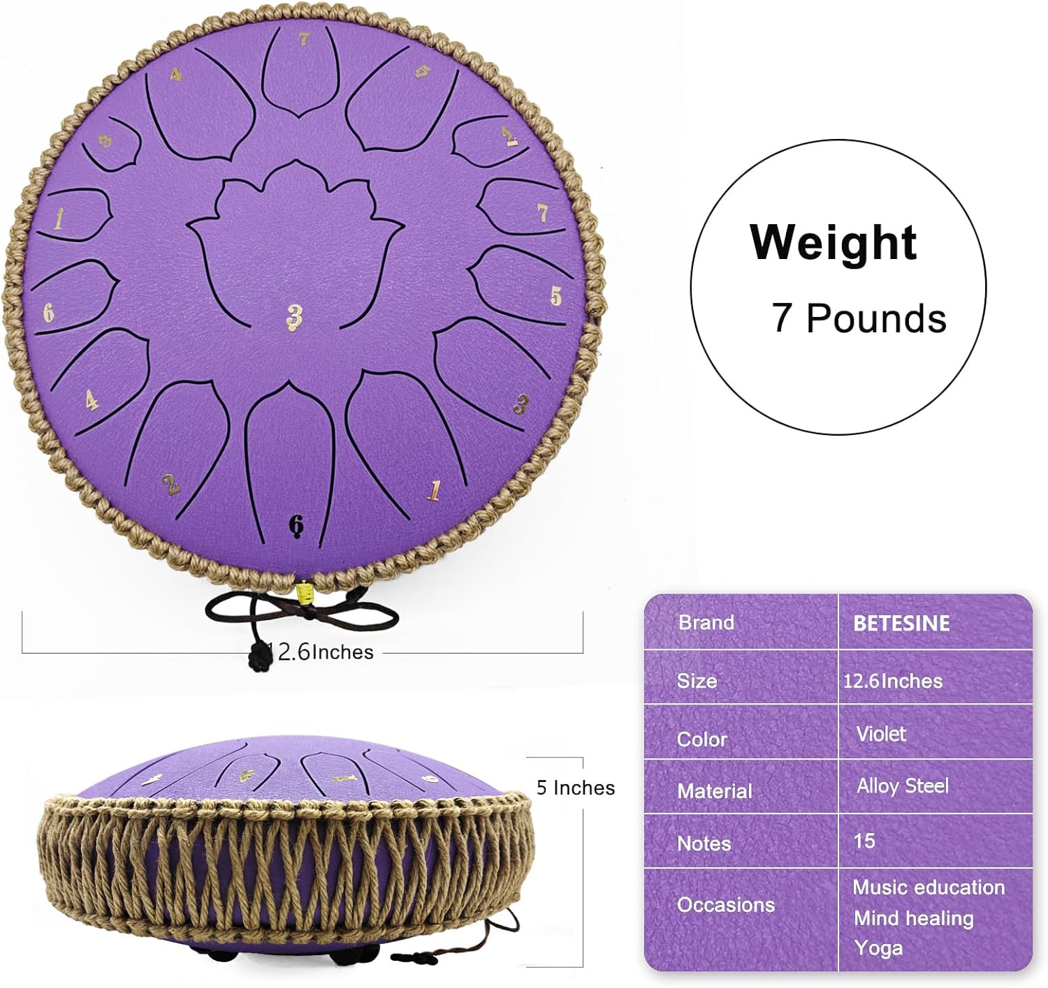 BETESINE 13-Inch 15-Note Steel Tongue Drum in C Major, Beginner-Friendly Meditation Drum with Mallets, Music Book, Finger Picks, Carry Bag & Note Stickers, Violet