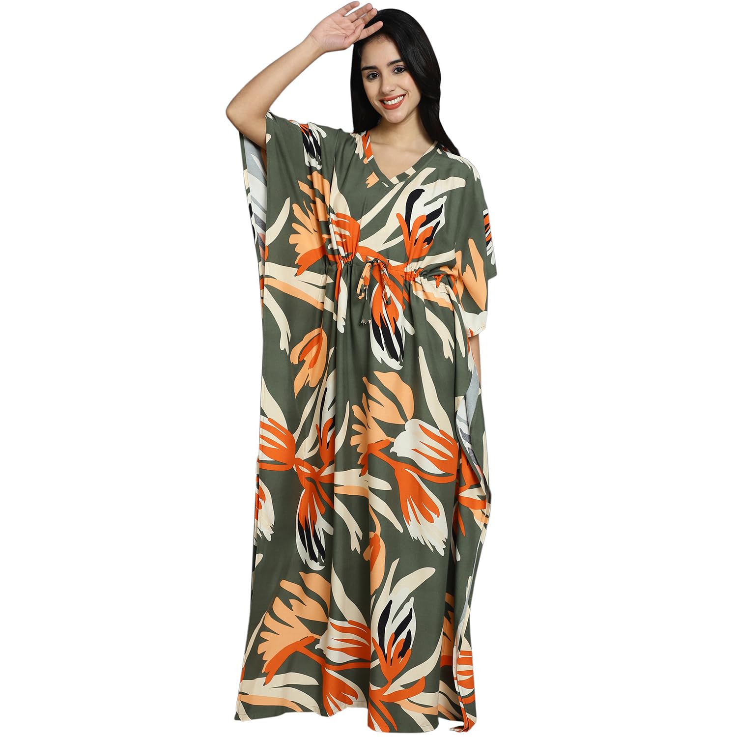 claura Printed Maxi Kaftan Nightdress/Nighty Rayon Free Size/Kaftan Green-picture-26
