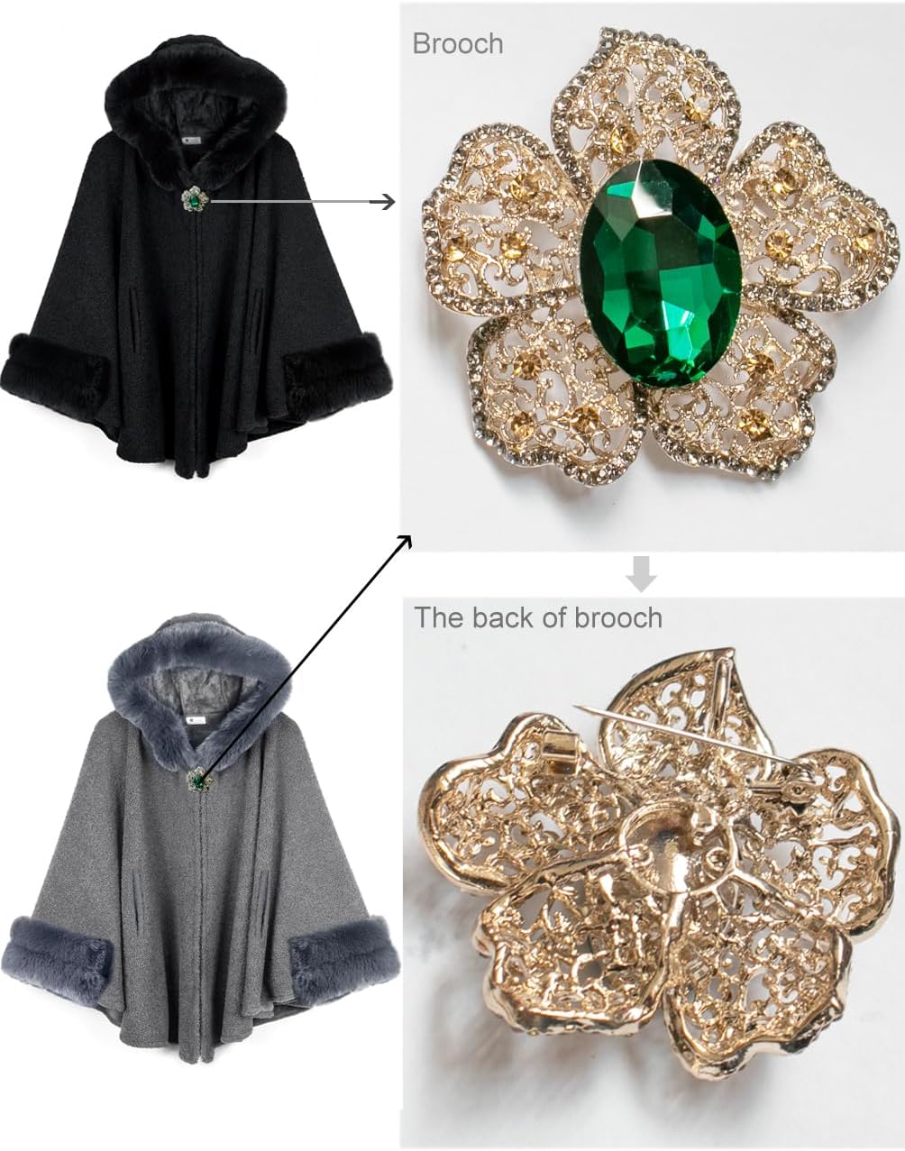 Dahlia Women’s Winter Cape Coat, Luxurious Faux Fur Trim, Fleece Lined Hooded Cloak Style Elegant Poncho Cape