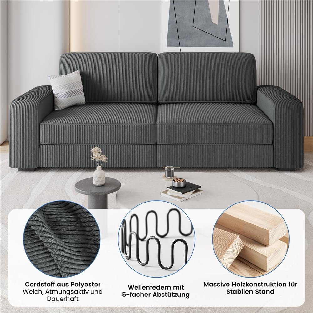 Yaheetech Sofa 212 x 83,5 cm Polstersofa aus Cordstoff mit Abnehmbare Kissen und Rückenlehnen Couch mit Breite Armlehnen für Wohnzimmer/Schlafzimmer Dunkelgrau