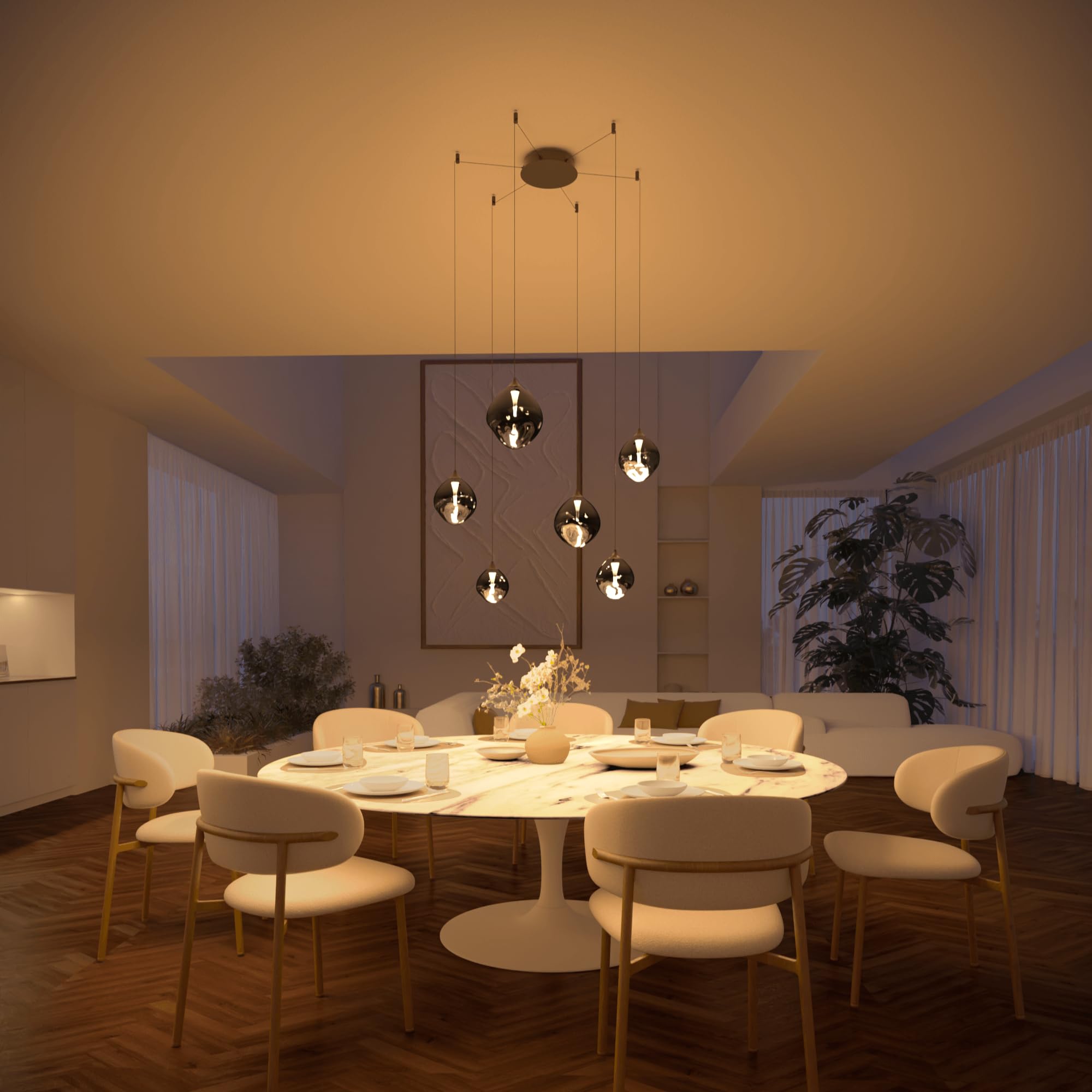 NEONA SOMOS LED Pendelleuchte 6-flammig mundgeblasenes Glas – Hängeleuchte Esstisch dimmbar, warmweiß 2700K, 23W, 2100lm, höhenverstellbar (Schwarz)