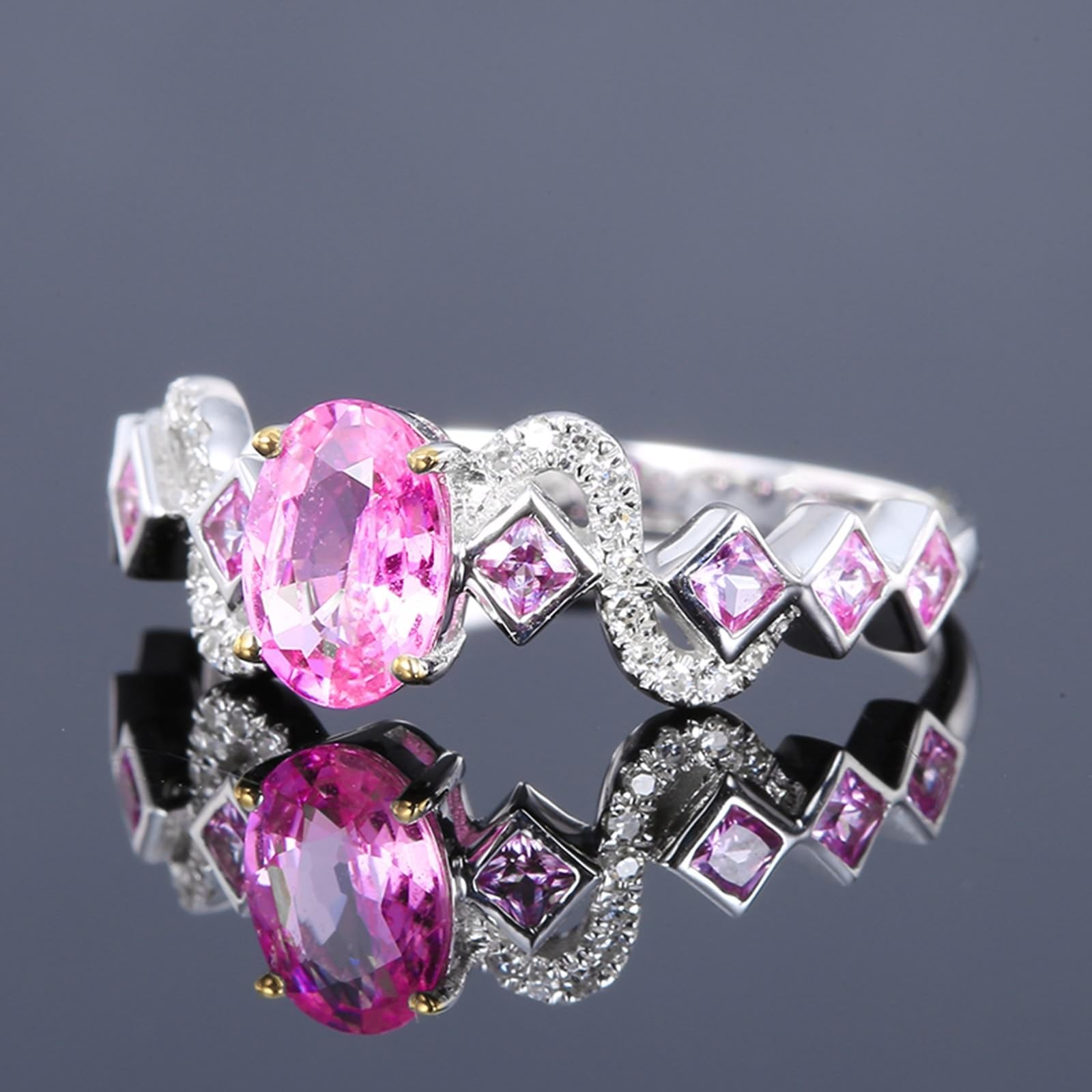 Anillo de boda de oro blanco de 18 quilates, zafiro rosa ovalado, anillo promise ovalado con zafiro rosa de 1,07 quilates y anillo de diamante para mujer