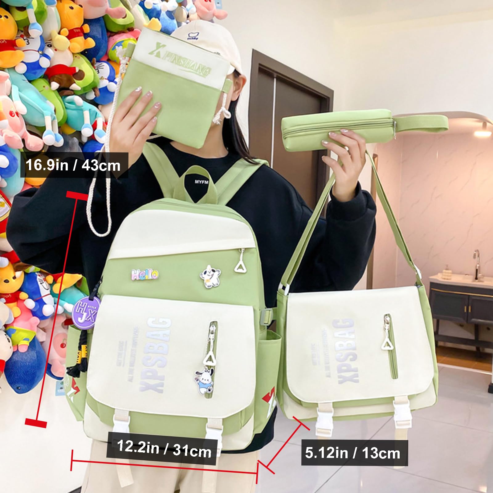 Kawaii - Juego de 4 mochilas para niñas con bonitos accesorios de oso, mochila escolar, bolsa de hombro, bolso, bolsa para bolígrafos y más suministros de regreso a clases para estudiantes
