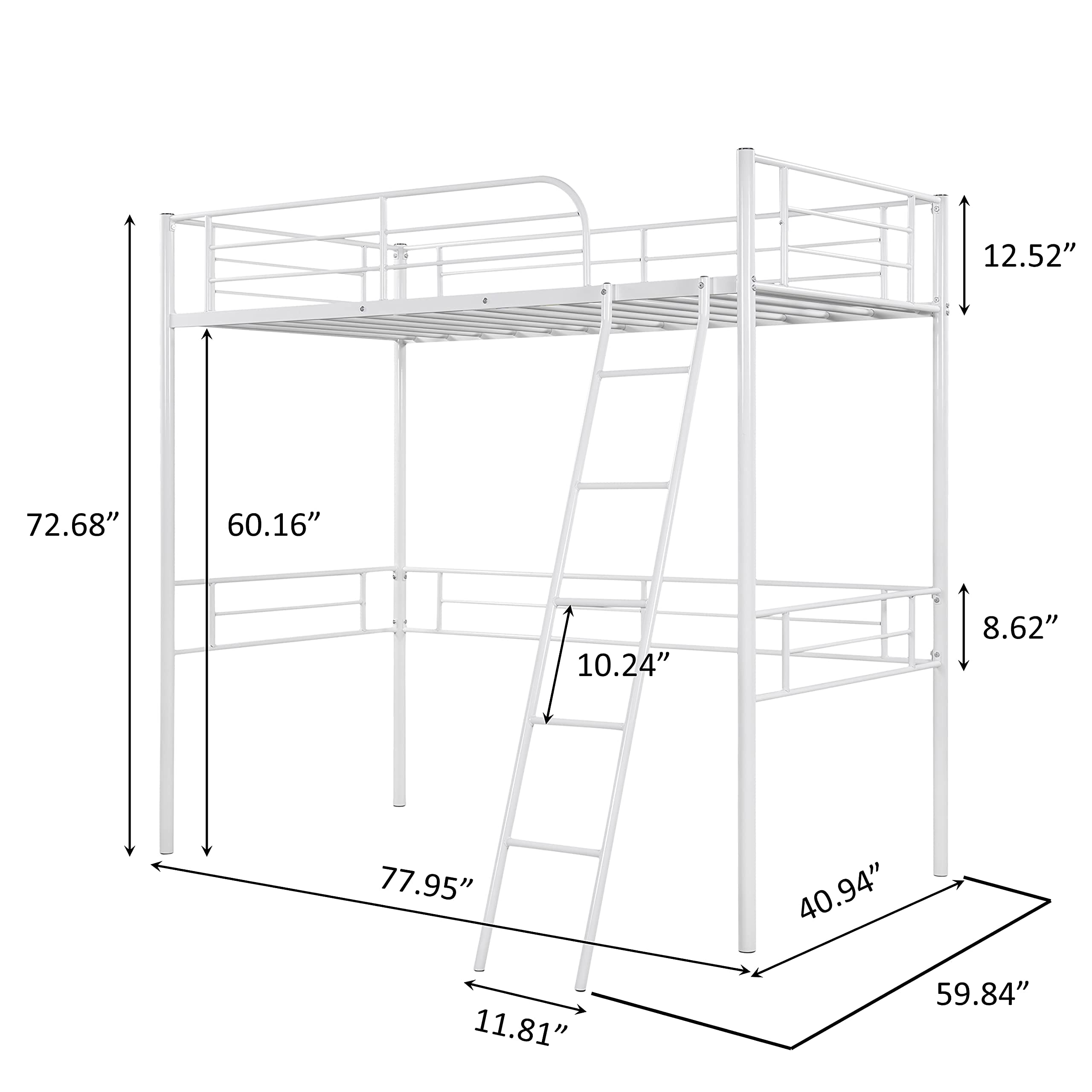 MERITLINE Metal Loft Bed Frame, Heavy Duty Twin Loft Bed with Ladder, SpaceSaver