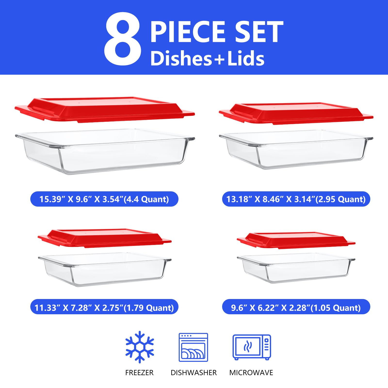 Set di 4 teglie da forno in vetro con coperchio, set di pirofile rettangolari, 1 l, 1,7 l, 2,8 l, 4,2 l, set da forno in vetro trasparente, per cucina, casa, ristorante, hotel, forno lavabile in