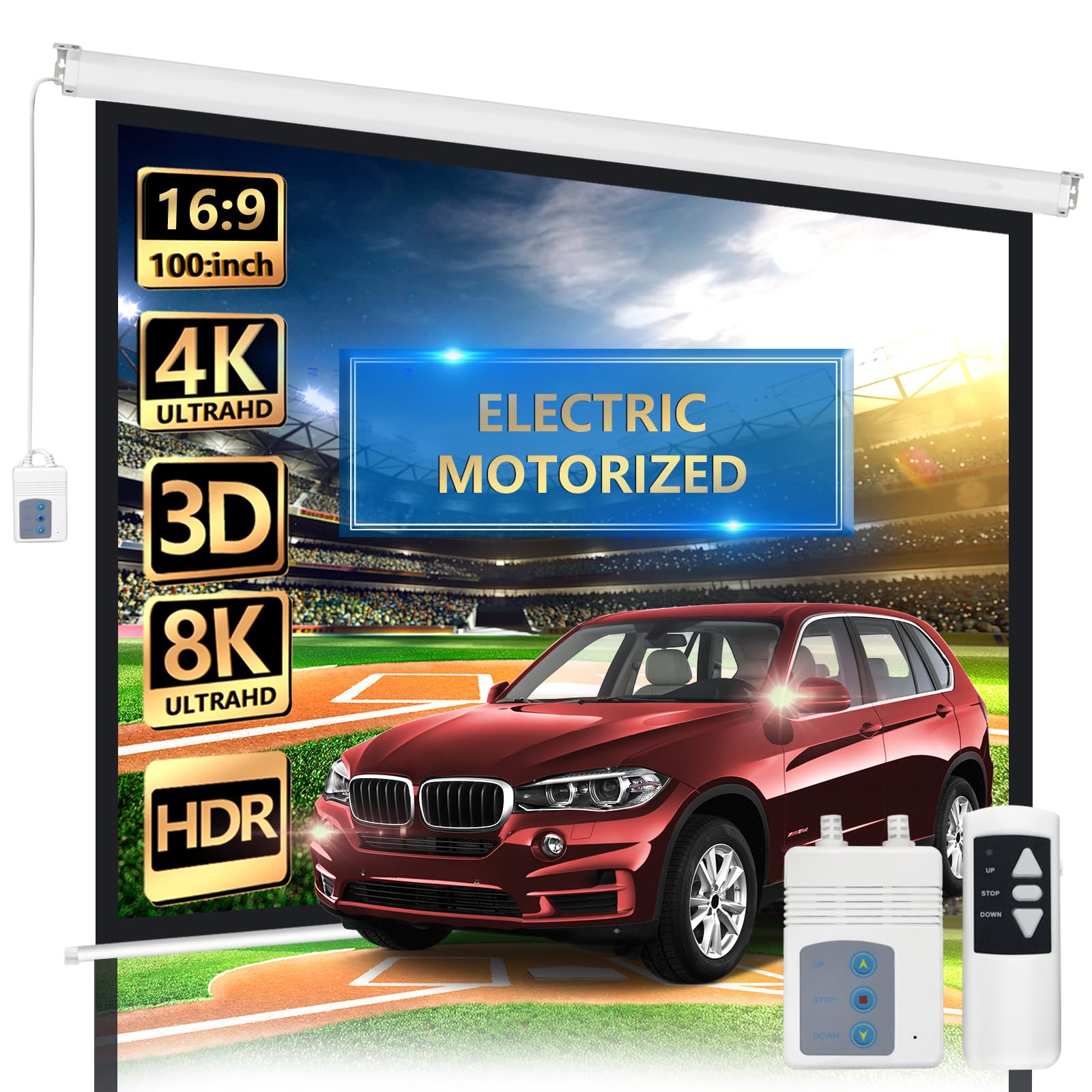 CUETHOU Motorized Projector Screen 100" - Indoor and Outdoor Movies Screen 100 inch Electric 16:9 Projector Screen Wrinkle-Free W/Remote Control, Great for Home Office Theater TV Usage by CUETHOU