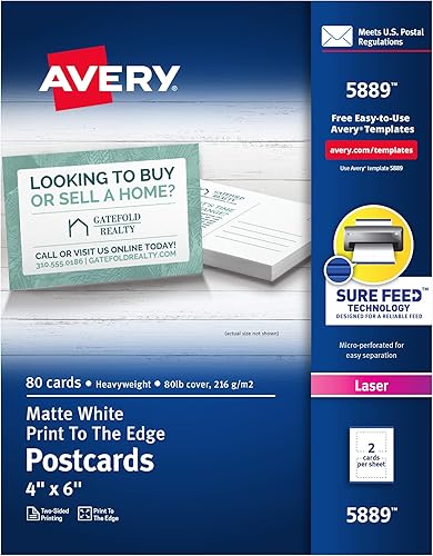 Avery Postales imprimibles con tecnología Sure Feed, 4 "x 6", blanco, 80 postales en blanco para impresoras láser (5889)