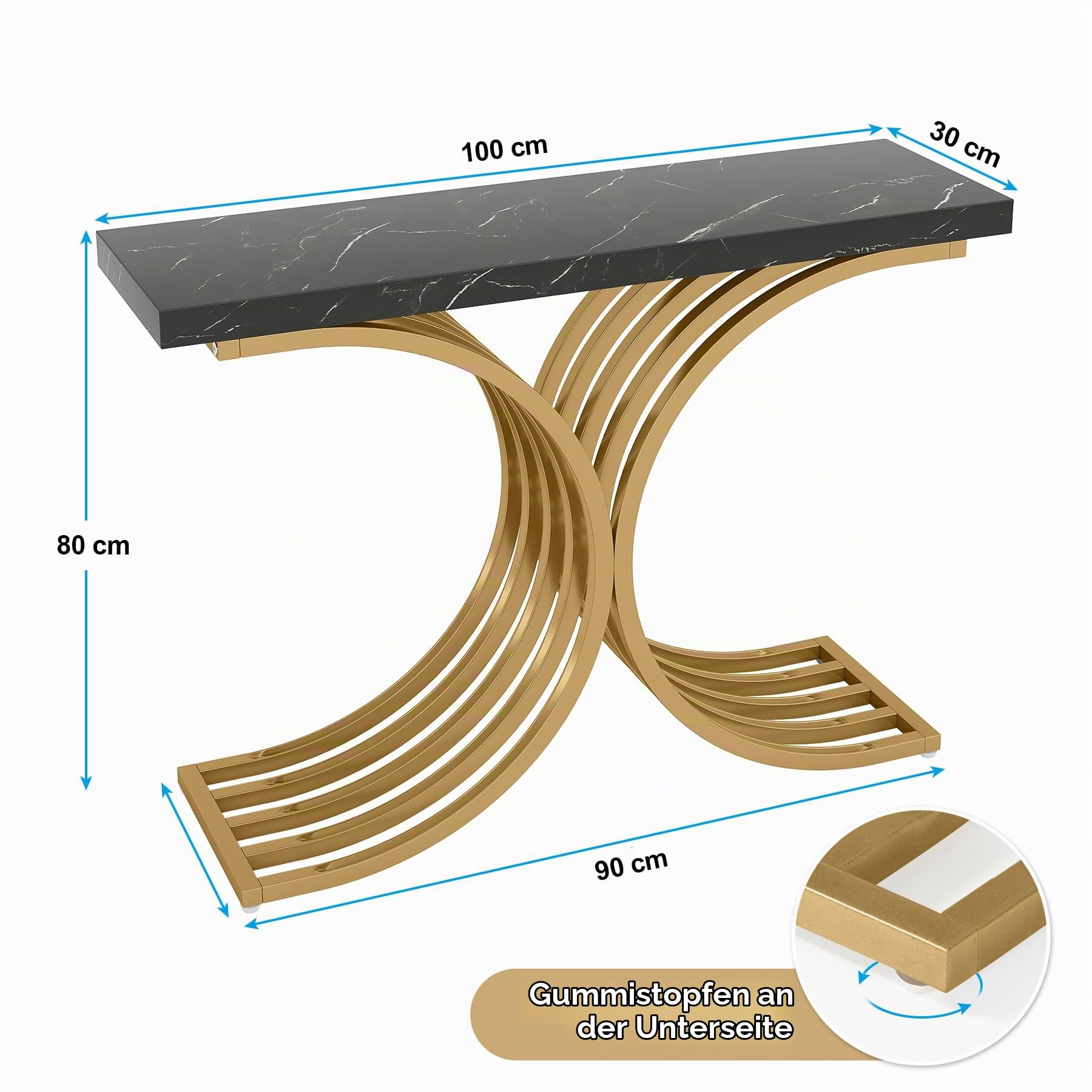 Tribesigns Schmal Konsolentisch, Beistelltisch mit Gold Metallgestell, 100 x 30 x 80 cm Flurtisch, Kleiner Ausstellungstisch, Sofatisch für kleinen Raum, für Eingang, Wohnzimmer (Schwarz)
