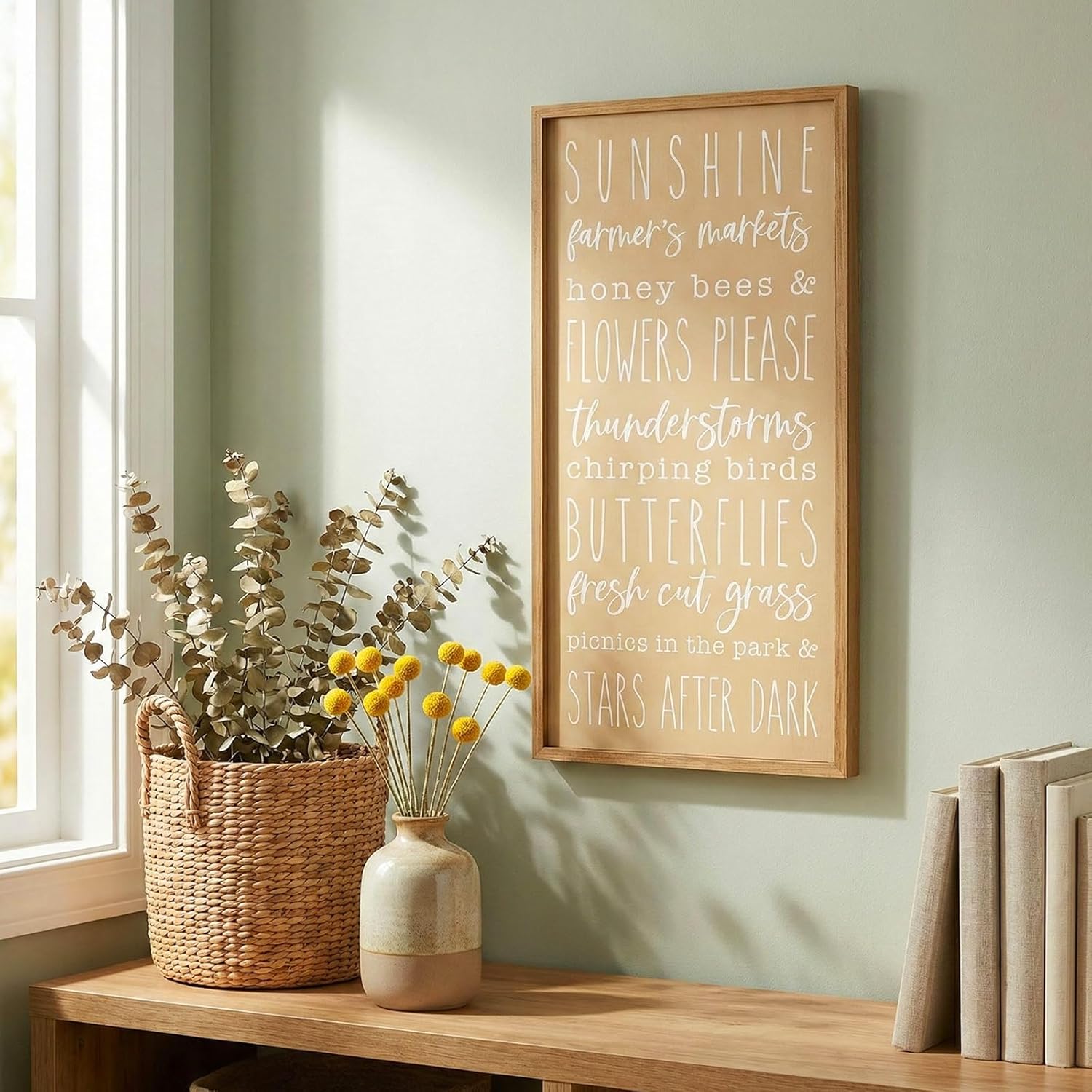 Summer Wall Art Framed, 23.6×11.8 In Wooden Sunshine Flowers Sign Summer Words Wall Decor, Rustic Farmhouse Decorative Signage Indoor Living Room Bedroom Office Seasonal Decorations for Home