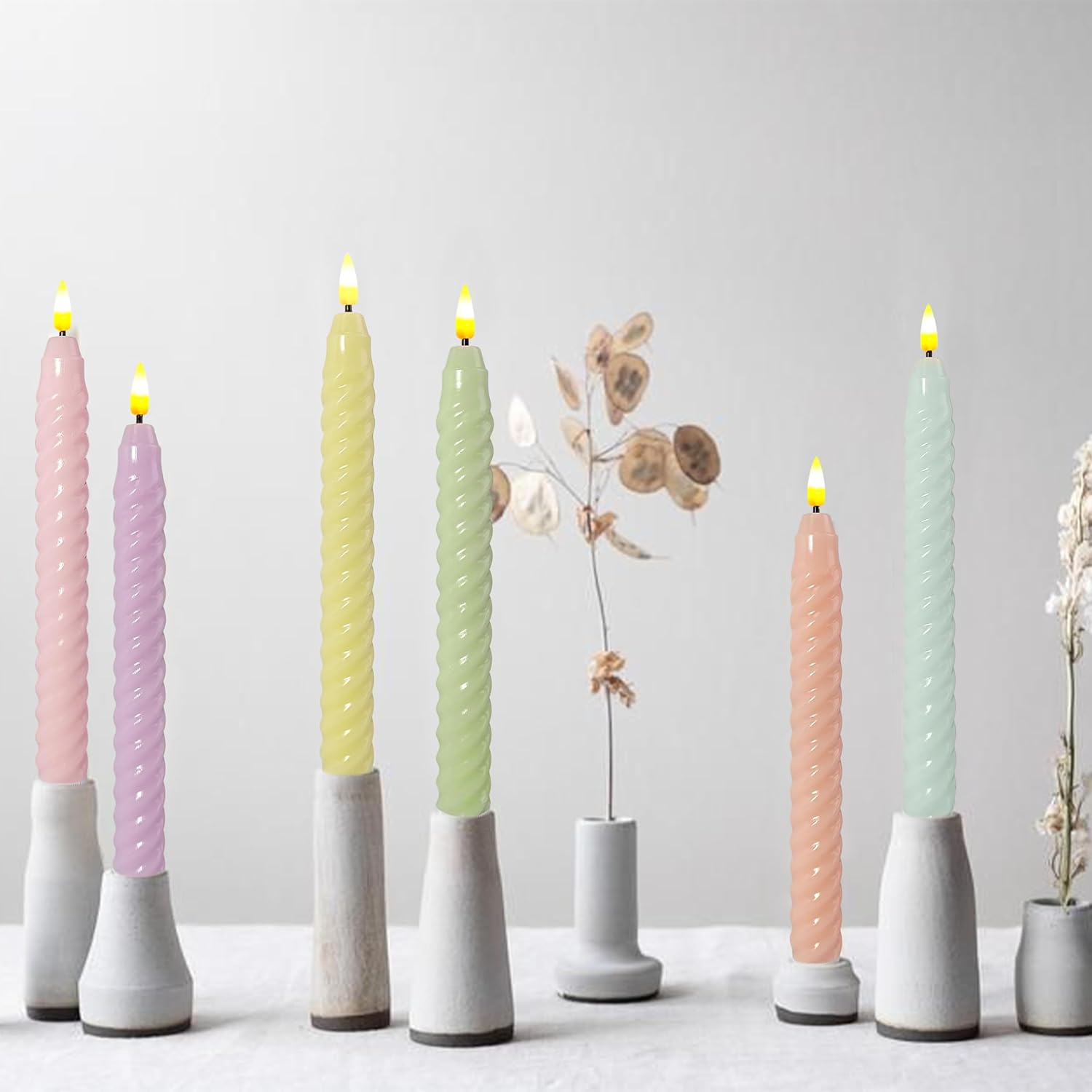Pastel Candy-Color Spiral Flameless Taper Candles, 9.8 Inch Flickering Candles with Remote and Timer, Real Wax Candlesticks LED Battery Operated 3D Wick for Wedding Party Home Decor, 6PCS