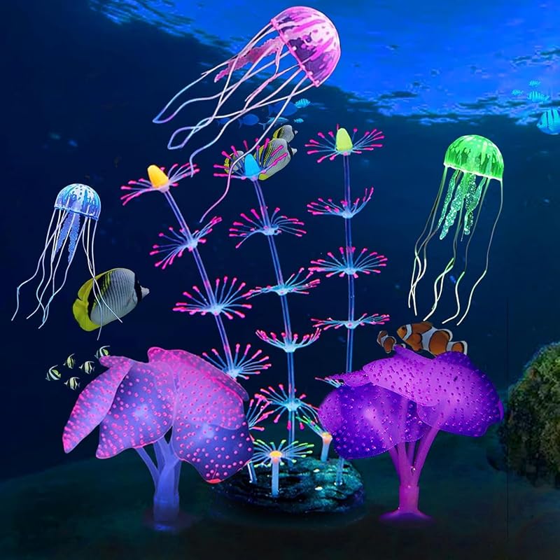 kathson 6PCS Glowing Effect Fish Tank Decors Silicone Glow Kelp Plant | Artificial Soft Glow Plants,Glow Fish Tank Decorations,Silicone Simulation Jellyfish Artificial Coral for Aquarium Ornament