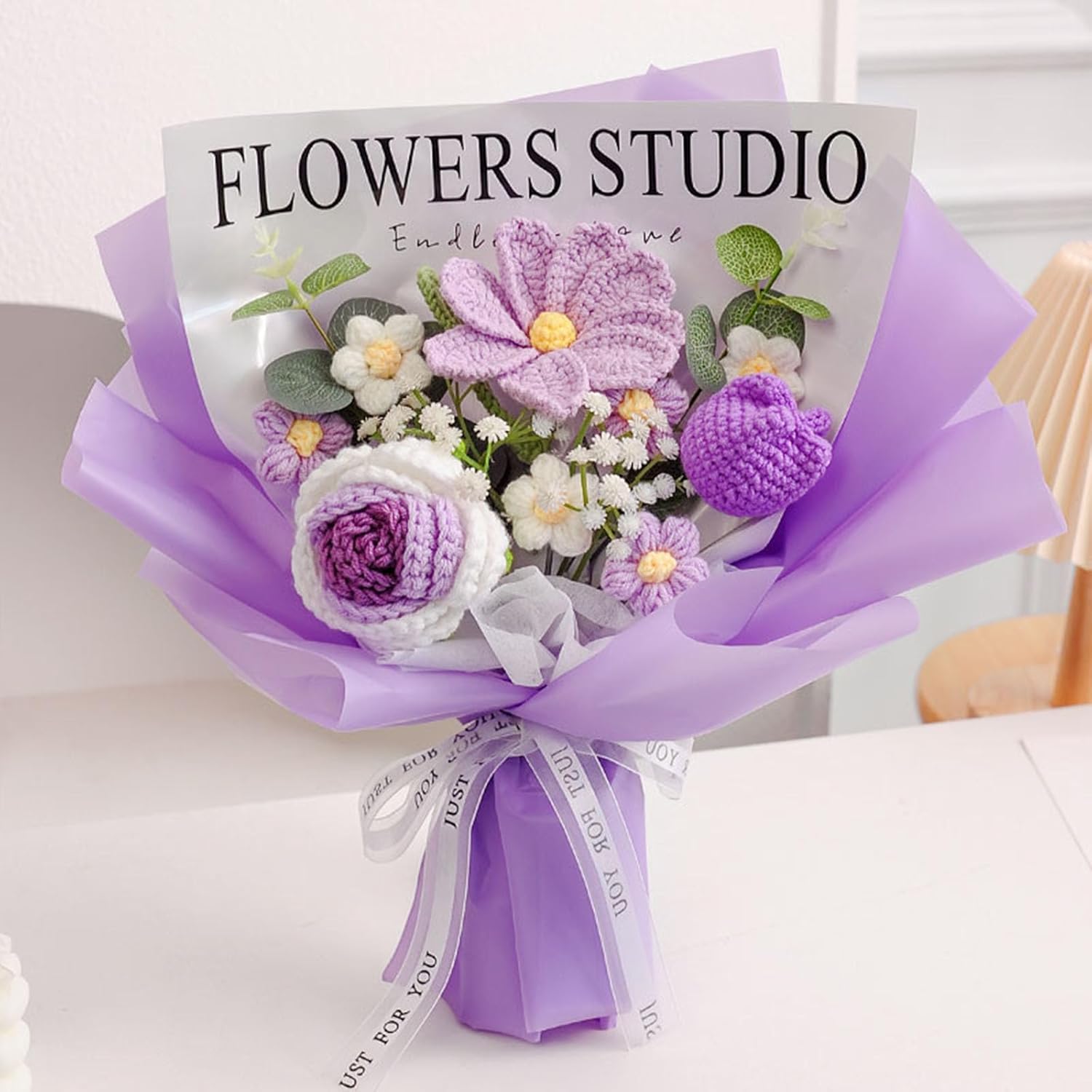 Hand-Crochet Floral Bouquet - Roses, Tulips & Cosmos with Eucalyptus - Hypoallergenic Everlasting Keepsake for Her, Mother's Day & Weddings (Includes Bag & Card)