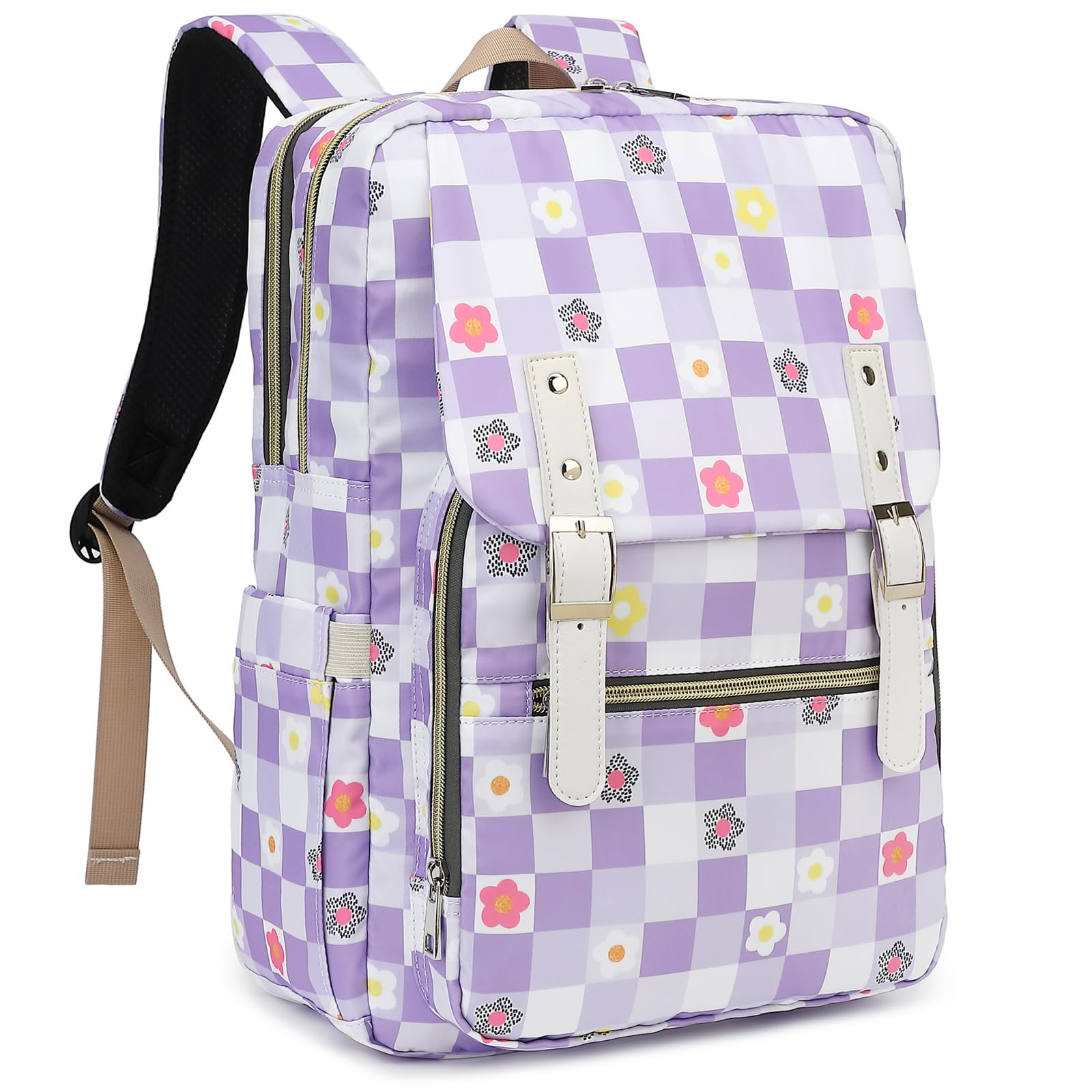 Mimfutu Flowers Checkered Laptop Backpack for Women Girls School Work Business Travel Computer Backpacks College Bookbag Fit 15.6 Inch Notebook (