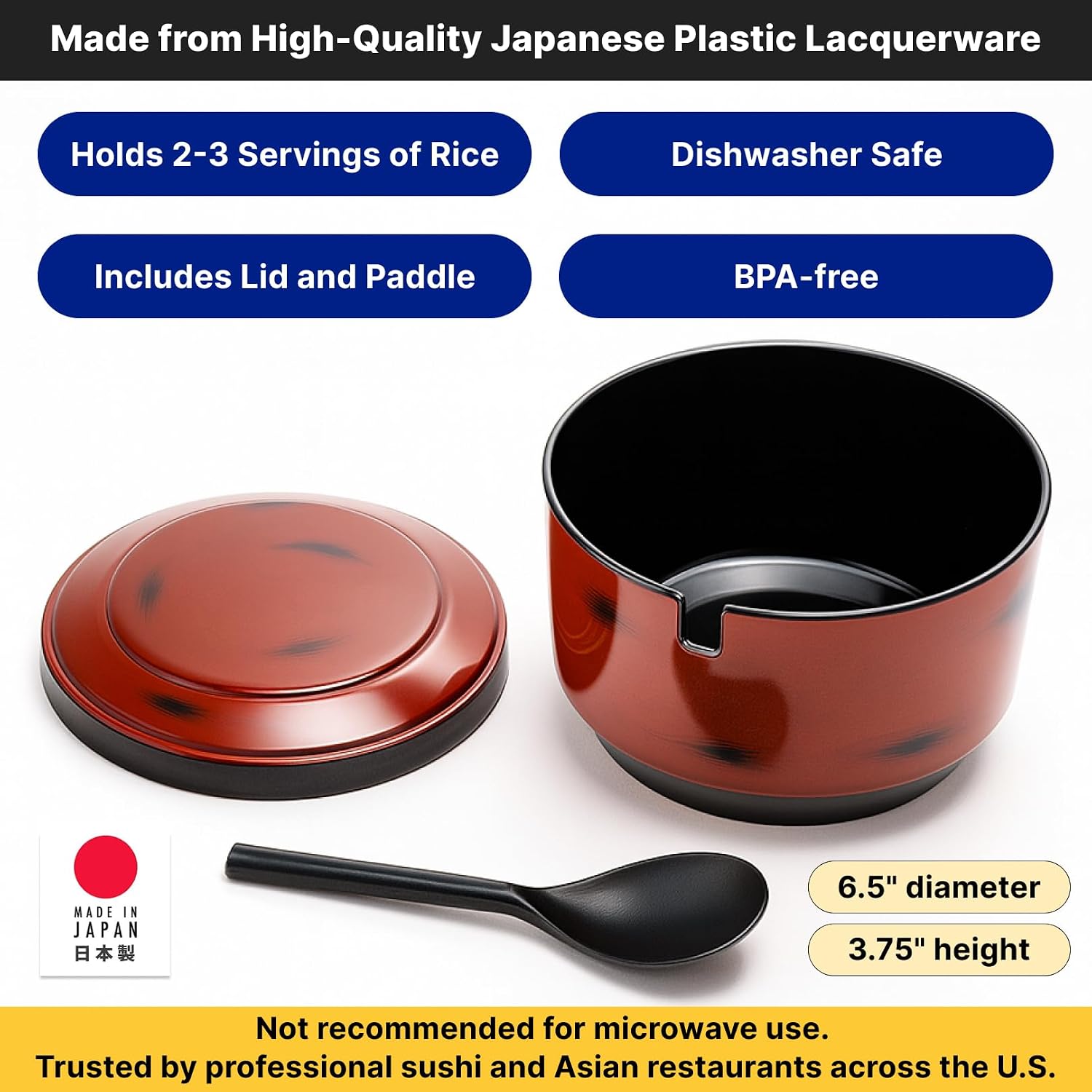 JapanBargain Rice Serving Bowl with Lid and Rice Paddle, 1 Pack, 6.5-Inch, Made in Japan, Restaurant-Grade Melamine Dinnerware for Sushi and Asian Cuisine