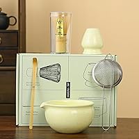Vista 3 de Juego tradicional de ceremonia de té matcha, kit de 5 piezas con batidor de bambú, cuenco de cerámica, soporte, cuchara y colador, verde claro