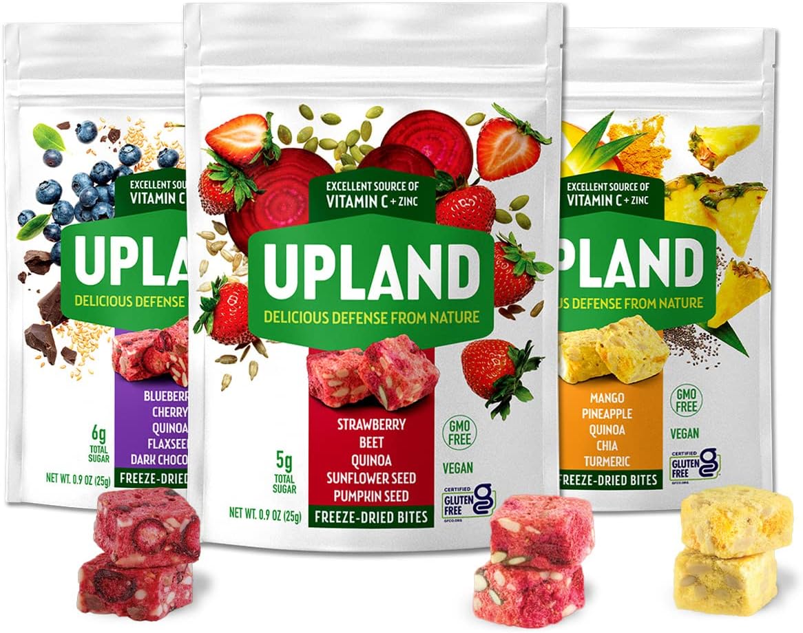 UPLAND SNACK: FREEZE DRIED FRUIT-GRAIN BITES: 100% natural ingredients | Vitamin C and Zinc | Vegan, Non-GMO | Plant Based | Gluten Free | Variety Pack with 3 Flavors (Strawberry-Beet, Mango-Pineapple, Blackberry-Cherry) - Pack of 3
