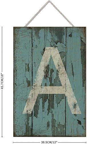 Vista 2 de Letrero colgante de madera con letra A, letrero de madera, decoración del hogar, 26 letras del alfabeto de metal, placa de madera, decoración