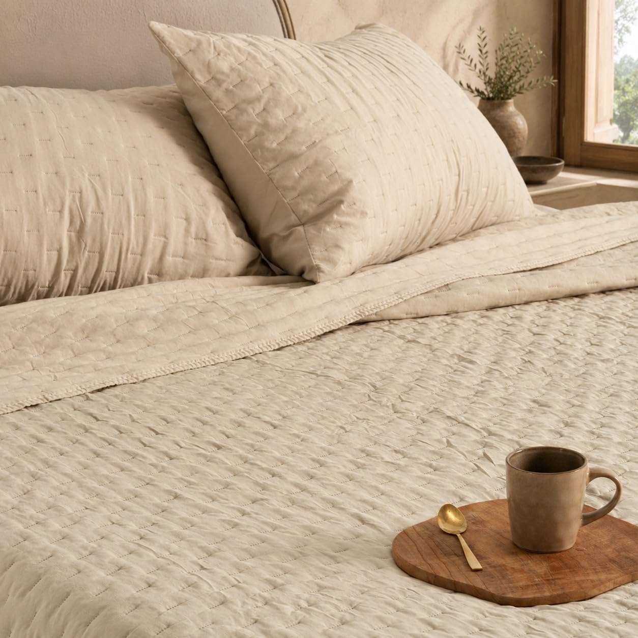 GAMUSI Colcha Cama 180 cm Ligera Entretiempo Primavera Verano Acolchada, 270x270 cm, Color Beige