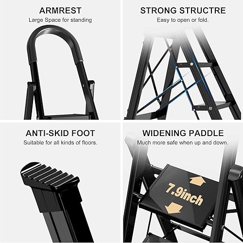 Miniatura 7 de GameGem Escalera plegable de aluminio ligero de 6 escalones con pedal antideslizante y ancho para el hogar y la cocina, ahorro de espacio (negro)