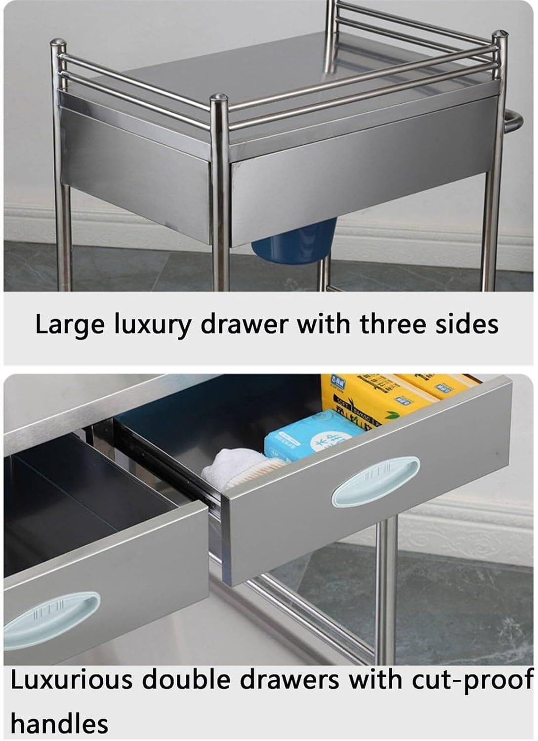 Premium Stainless Steel 2-Tier Lab Medical Cart with Drawer - Reliable Rolling Trolley for Labs, Hospitals & Clinics - Max Load 100kg - Conv(50x40x86cm)