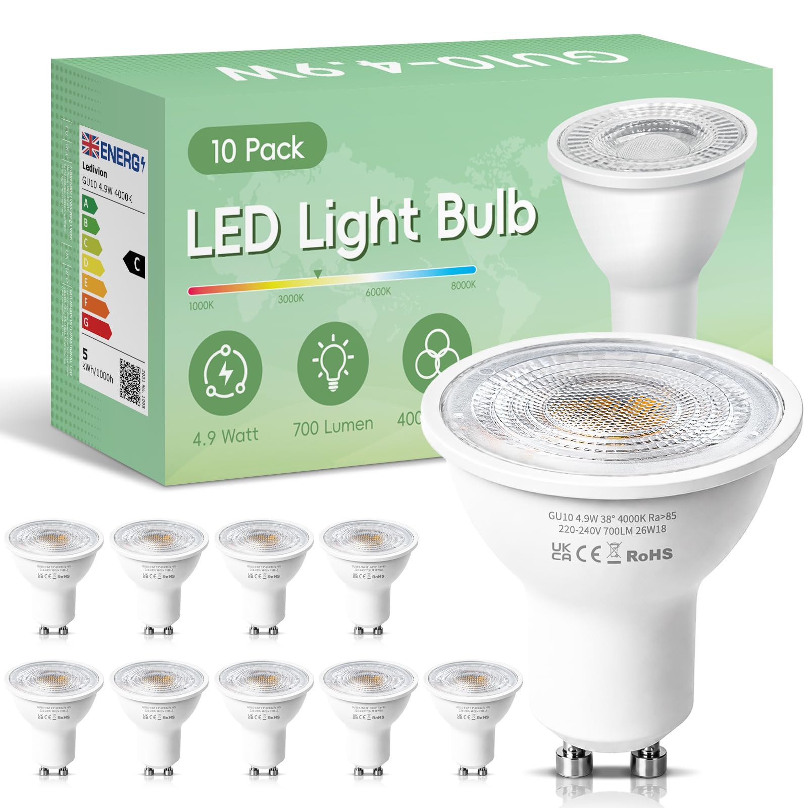 Ledivion GU10 LED Bulbs, Day White 4000K, 5W LED GU10 Spotlight Bulb, Class C 50W Halogen Spotlight, 220-240V 700LM, Narrow Beam Angle Energy Saving Non-dimmable, 10 Pack