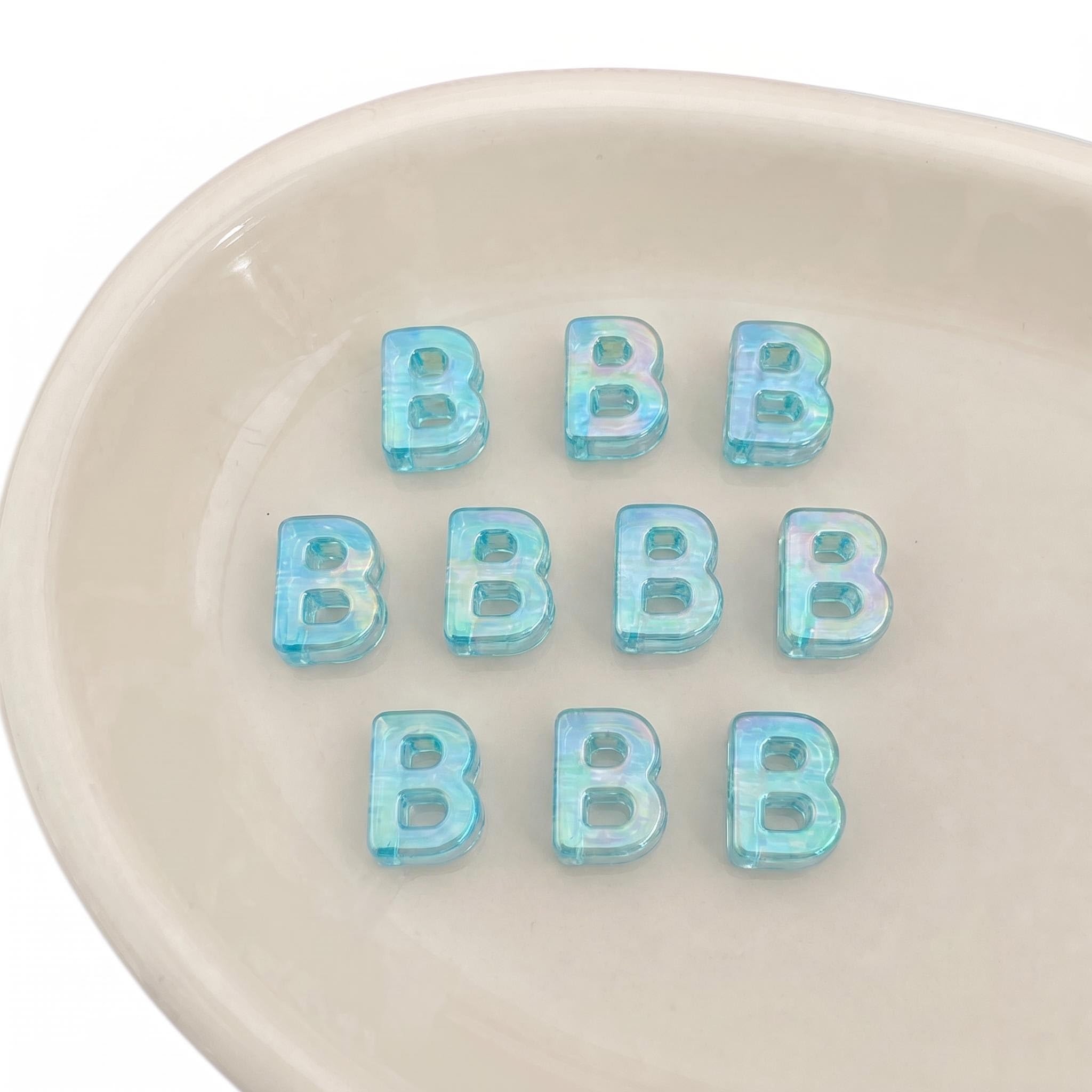 Letter Beads 10pcs, Large Acrylic Alphabet Beads with 6mm Hole, Iridescent Holographic UV Plated for Bracelet Making, Jewellery, Keyrings & Craft (Iridescent Sky Blue, Letter B)