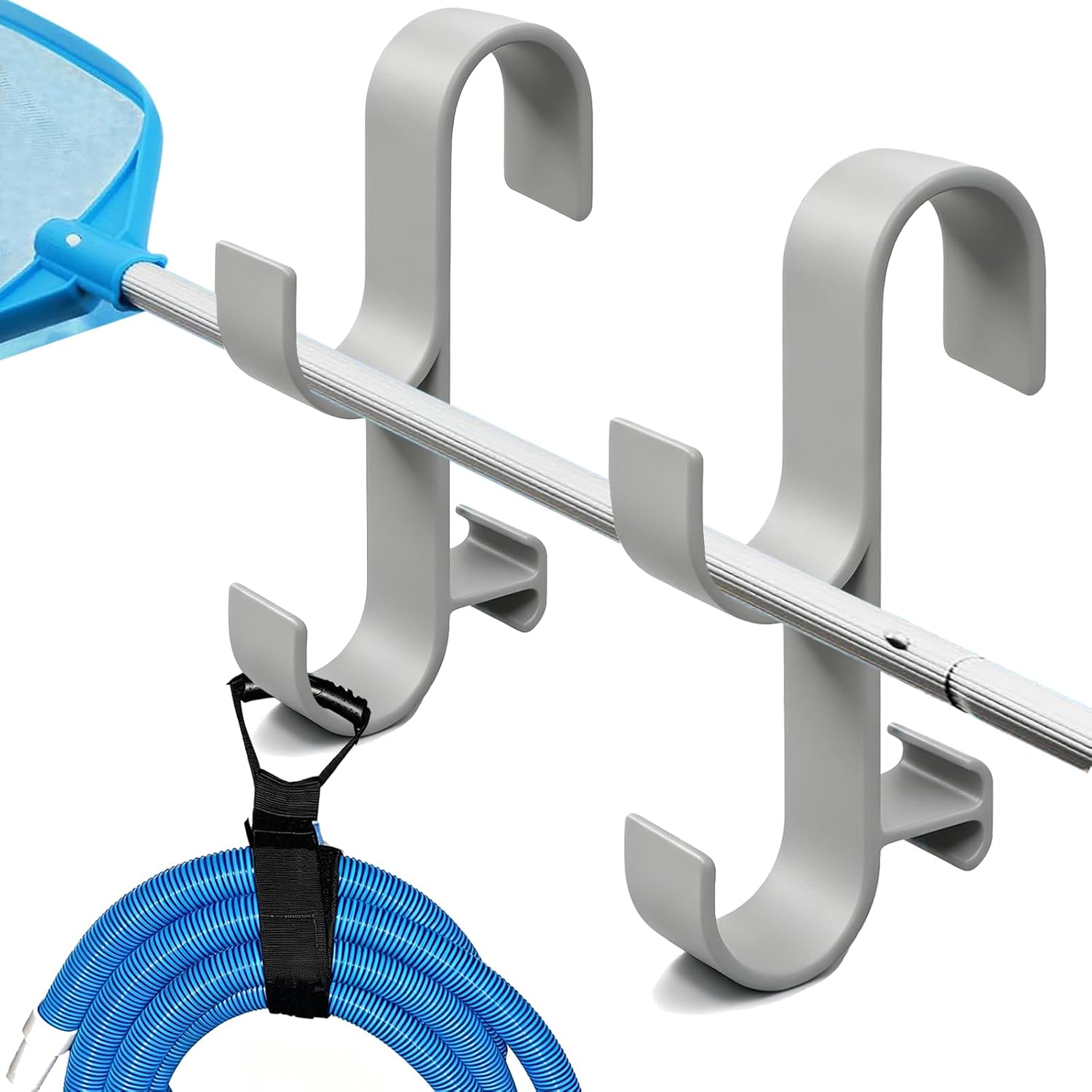 2 Pack Heavy Duty Above Ground Pool Pole Hooks, Multifunctional Plastic Pool Tool Storage Holder for Skimmer Net, Vacuum Brush Pole, Compatible with Bestway & Intex Round Frame Pool Top Rails