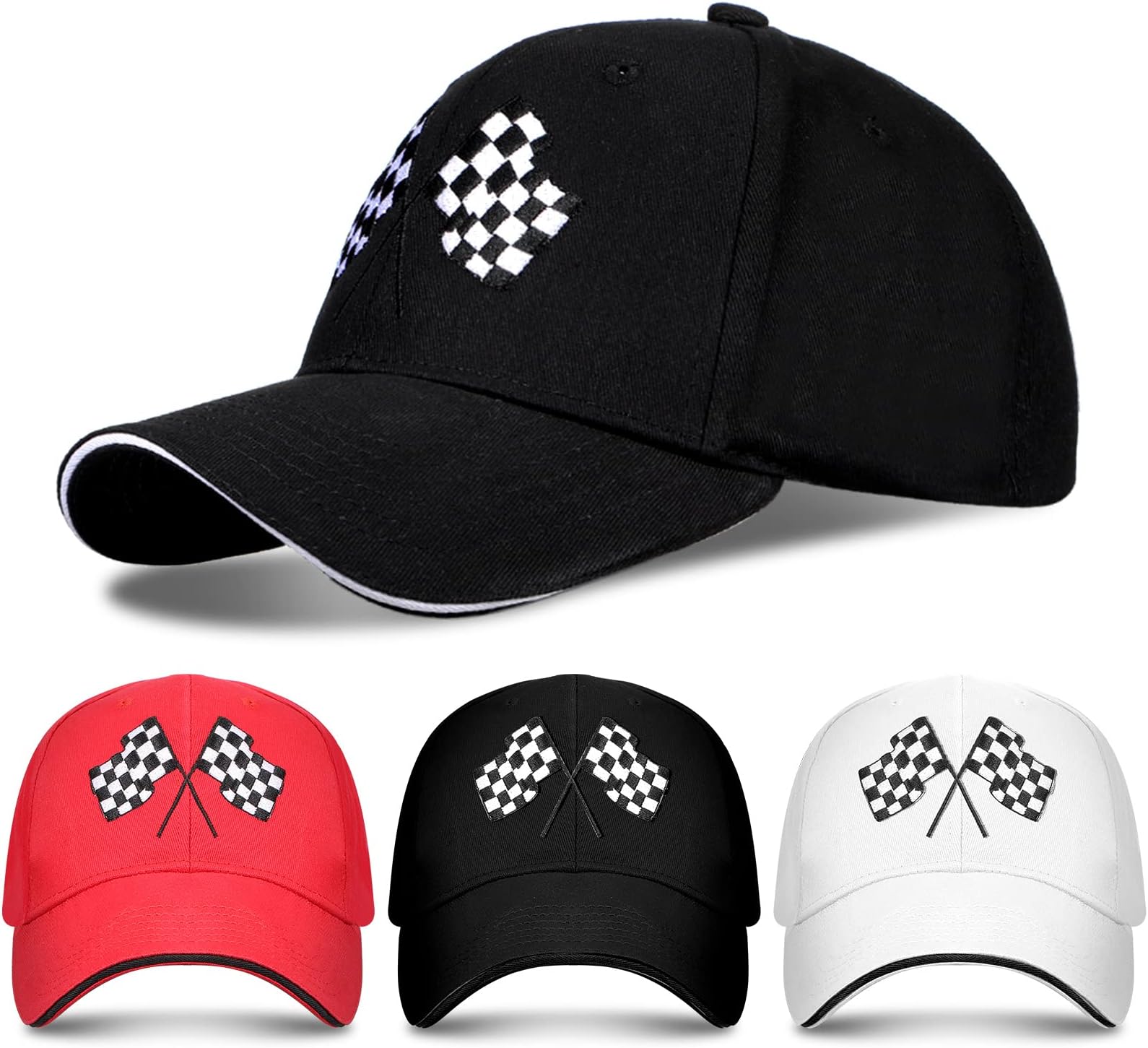 3 Pieces Baseball Cap for Men Women Checkered Flags Race Car Flag Adjustable Washable Trucker Hat Embroidery Unisex Dad Hat Sports Cap, White, Red, Black