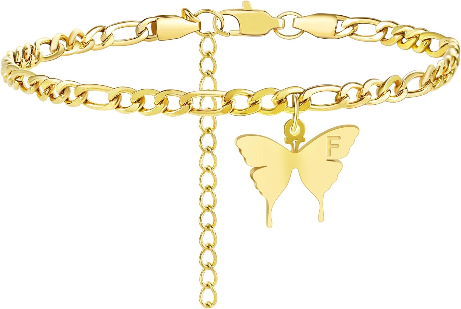 TONY & SANDY Ankle Bracelets for Women - Initial Butterfly Anklet for Women Stainless Steel Figaro Chain Summer Beach Waterproof Foot Jewelry Gifts, Gold/Silver