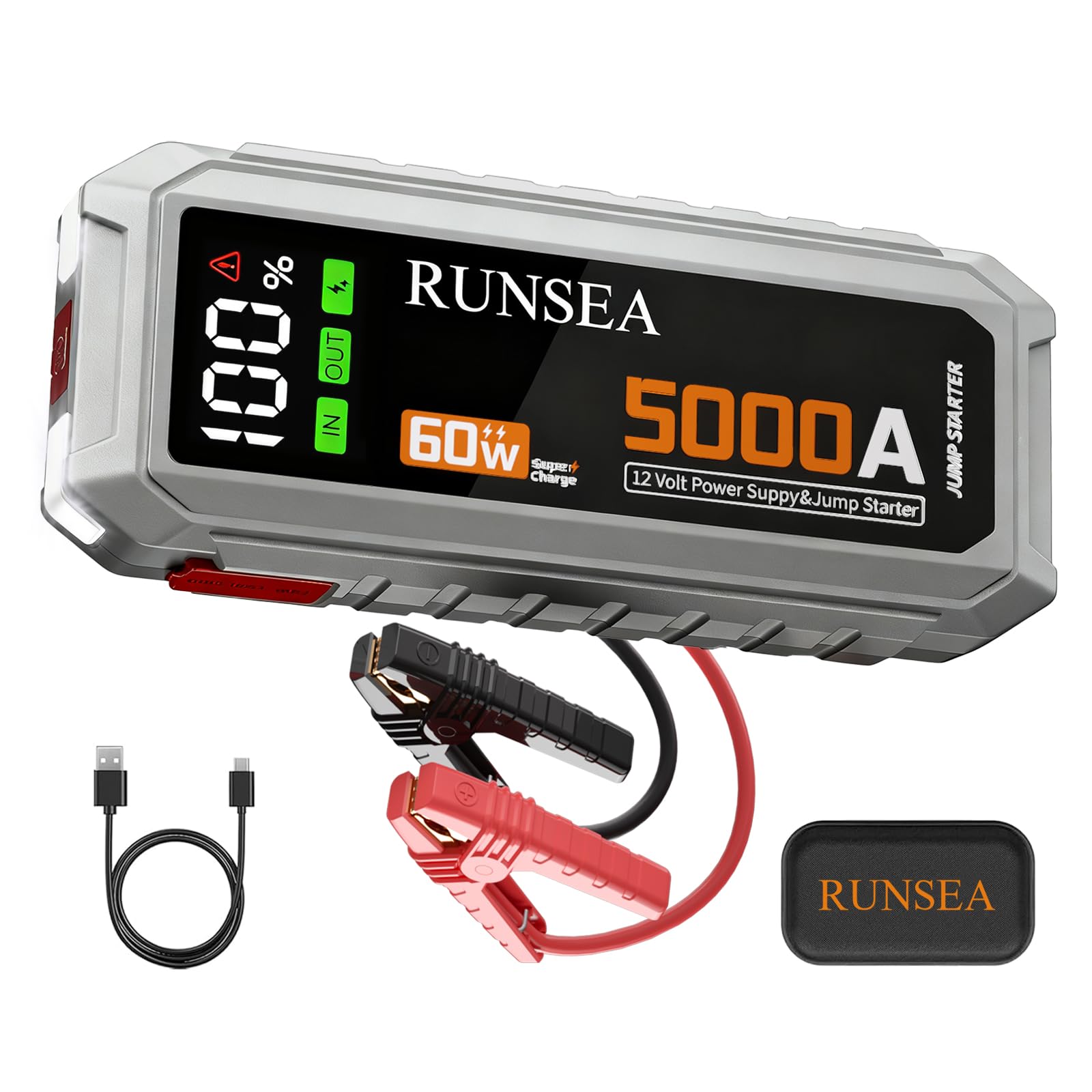 RUNSEA 5000A Peak Car Jump Starter Portable 60W Quick Charge for All Gas 10L Diesel Engines 26000mAh Jump