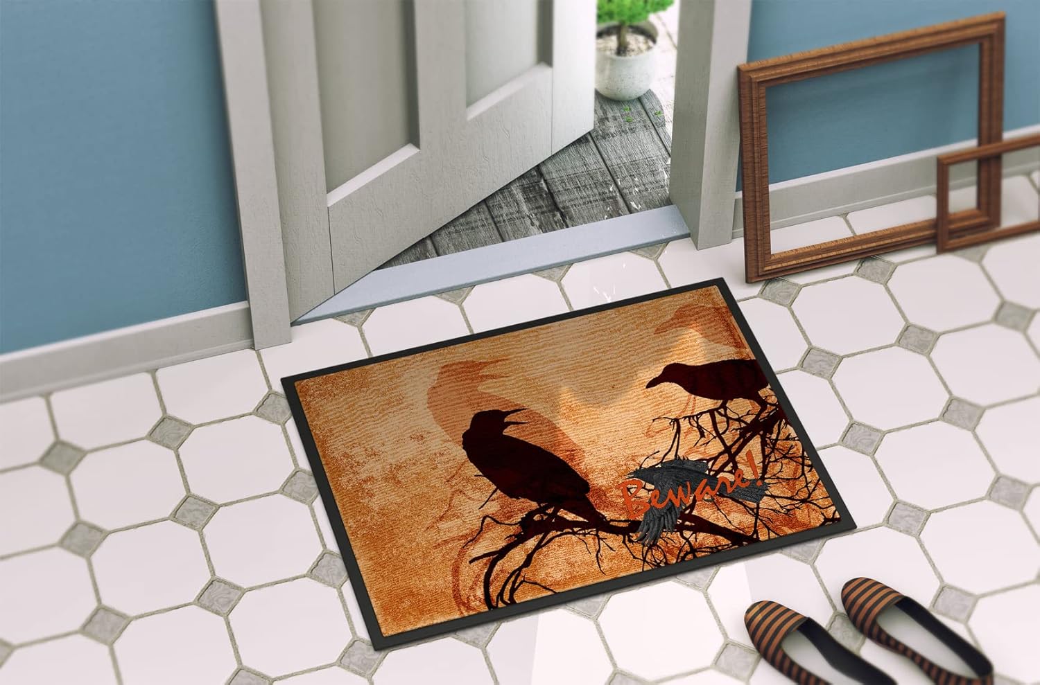 Caroline's Treasures SB3009MAT Beware of The Black Crows Halloween Doormat 18x27 Front Door Mat Indoor Outdoor Rugs for Entryway, Non Slip Washable Low Pile, 18H X 27W