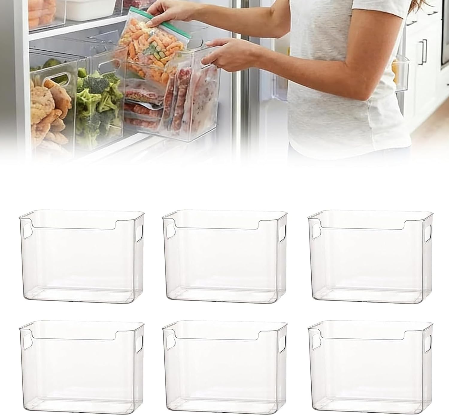 Crystal Clear Freezer Storage Bins, Clear Plastic Organizer Bins with Handles, Stackable Freezer Refrigerator and Pantry Storage Containers for Frozen Food, Meat, Vegetables, Meals and Snacks (6 pack)