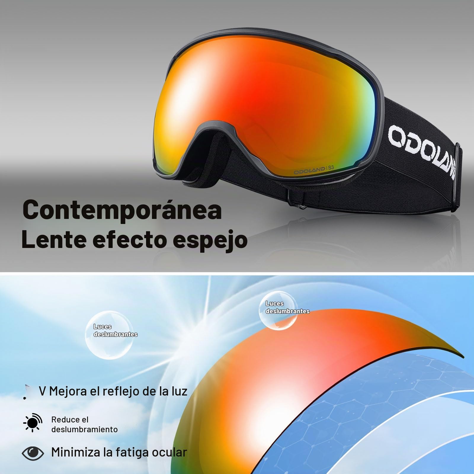 Odoland Gafas de Esquí para Adultos y Jóvenes, Gafas de Snowboard de Doble Capa - Protección UV y a Prueba de Viento, Correa Ajustable, BR