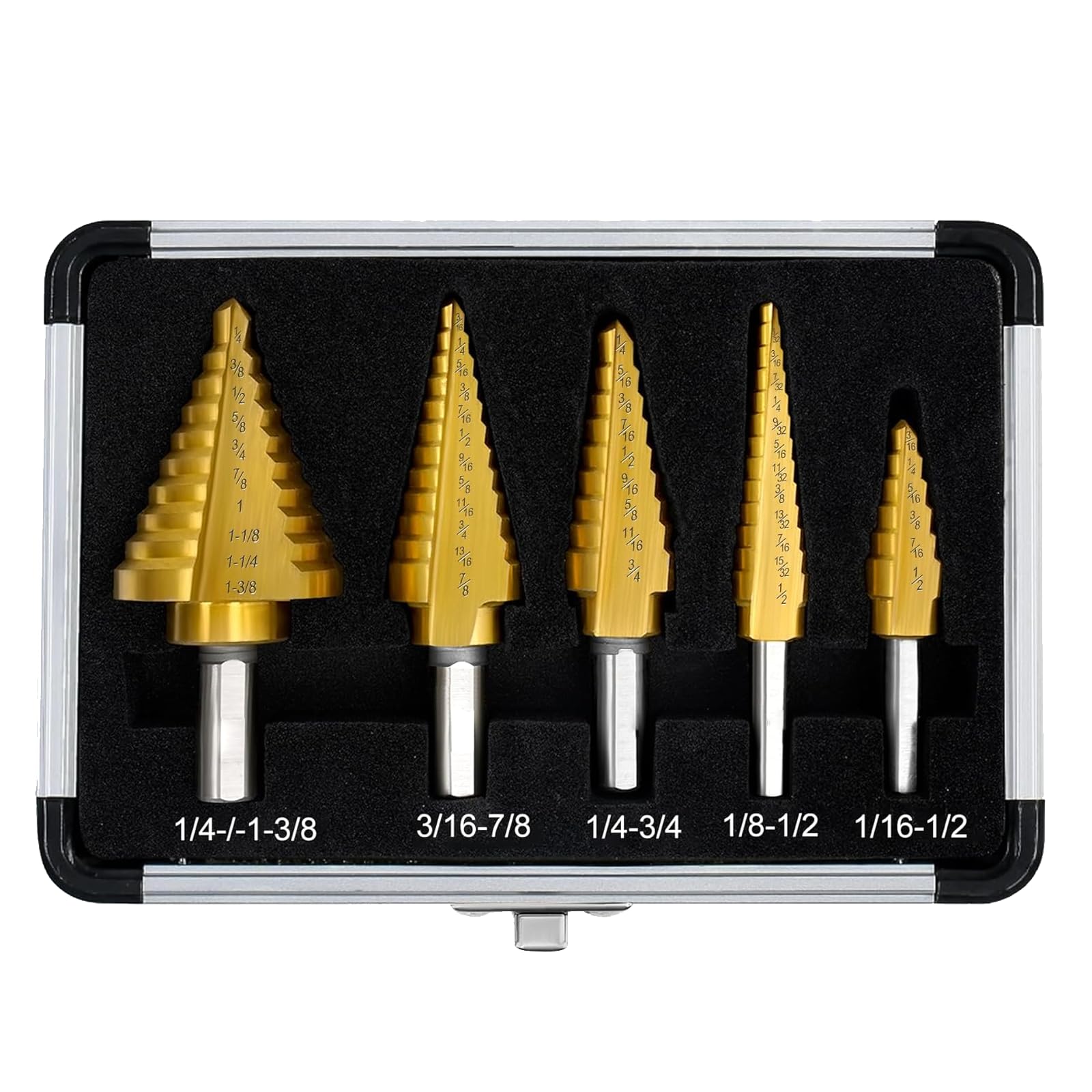 5 Piezas Broca Escalonada para Metal, Broca Conica de HSS de Titanio (5 – 13 mm, 3 – 13 mm, 6 – 19 mm, 5 – 22 mm, 6 – 35 mm), para Aluminio, Madera, Fresas con Estuche de Aluminio