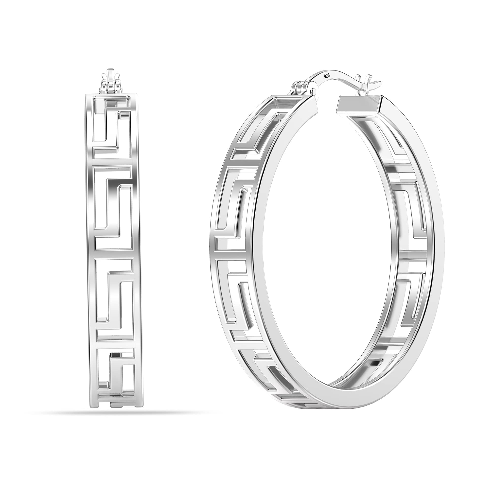 LeCalla 925 Sterling Silber Griechischer Schlüssel Creolen Leichtgewicht Klick-Top Griechische Mauer Ausschnitt Muster Ohrring Creolen für Frauen